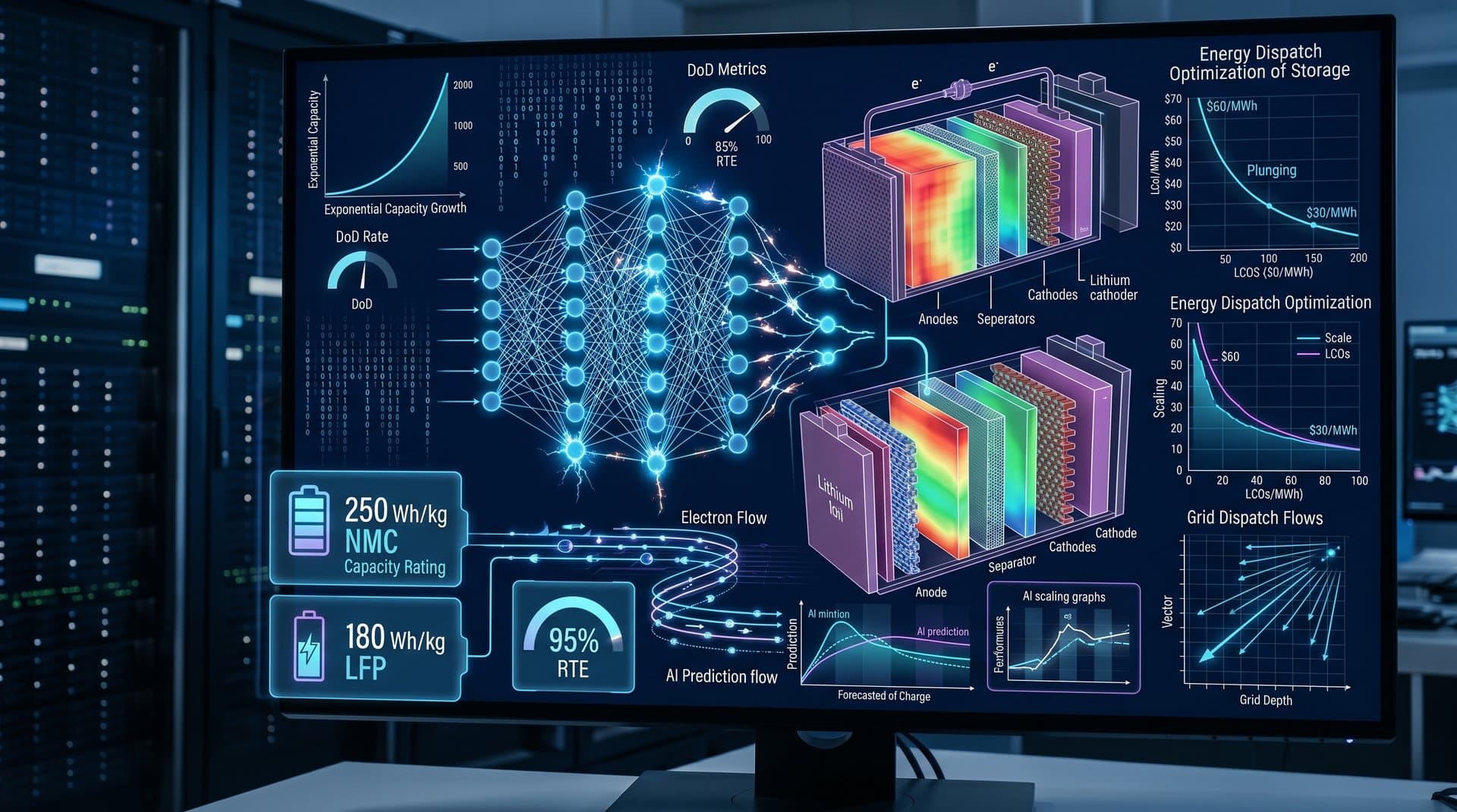 Neural networks and deep learning theory integrate with battery cells, grid optimization, and LCOS curves in high-tech abstract visualization