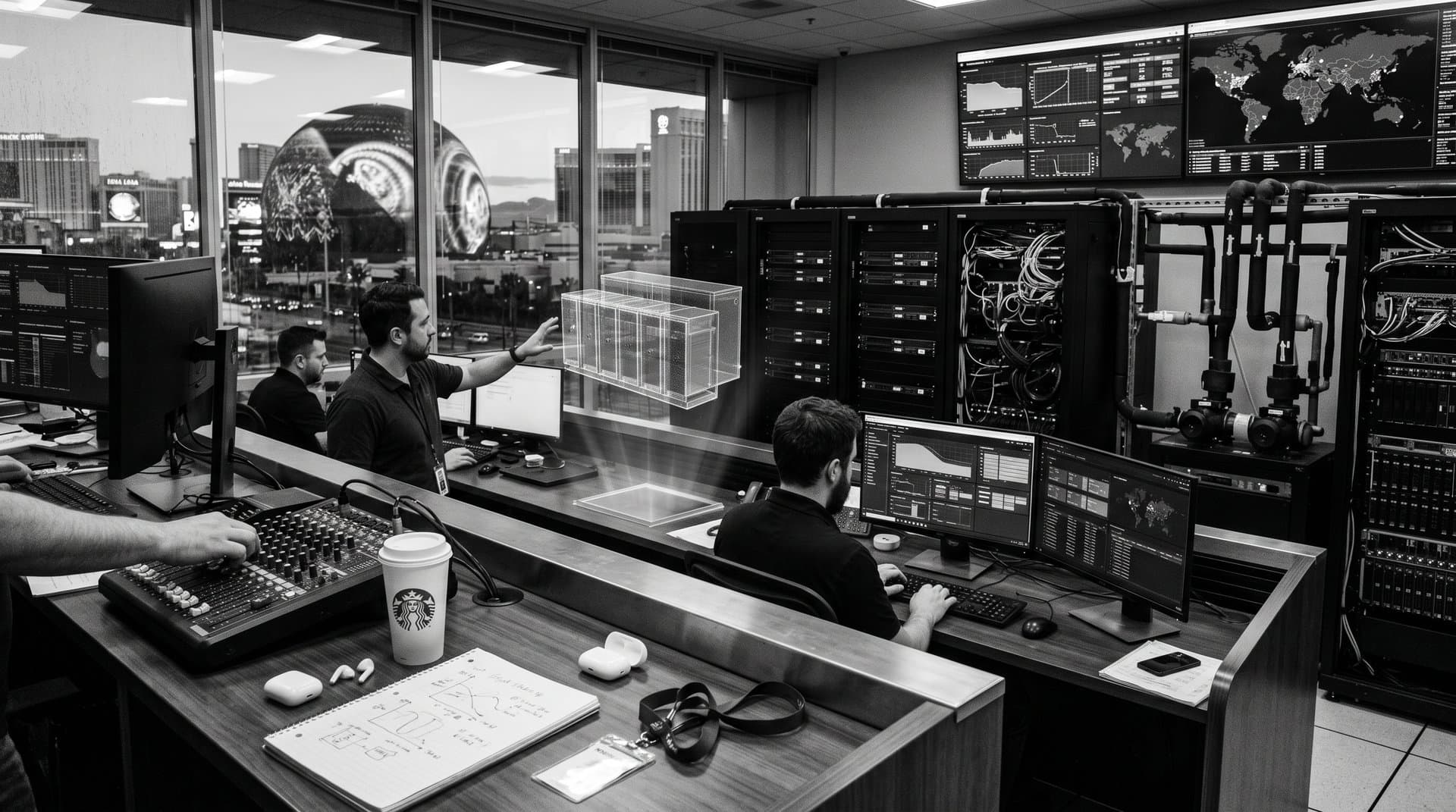 Data center control room monitors AI broadcast and grid battery systems with Las Vegas skyline view during NAB Show