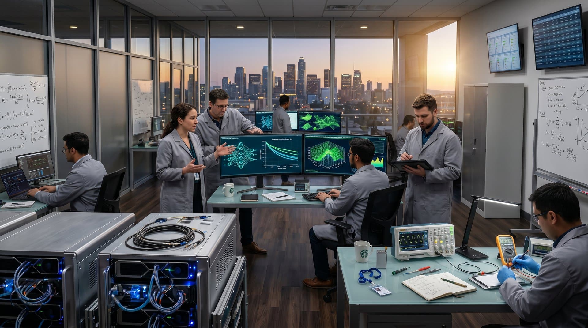 AI visualizations of battery lifecycles and grid stability on high-tech lab monitors