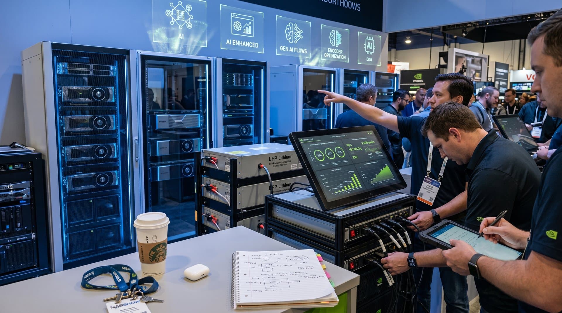 Server racks and UPS battery modules in a high-tech data center powering AI workloads