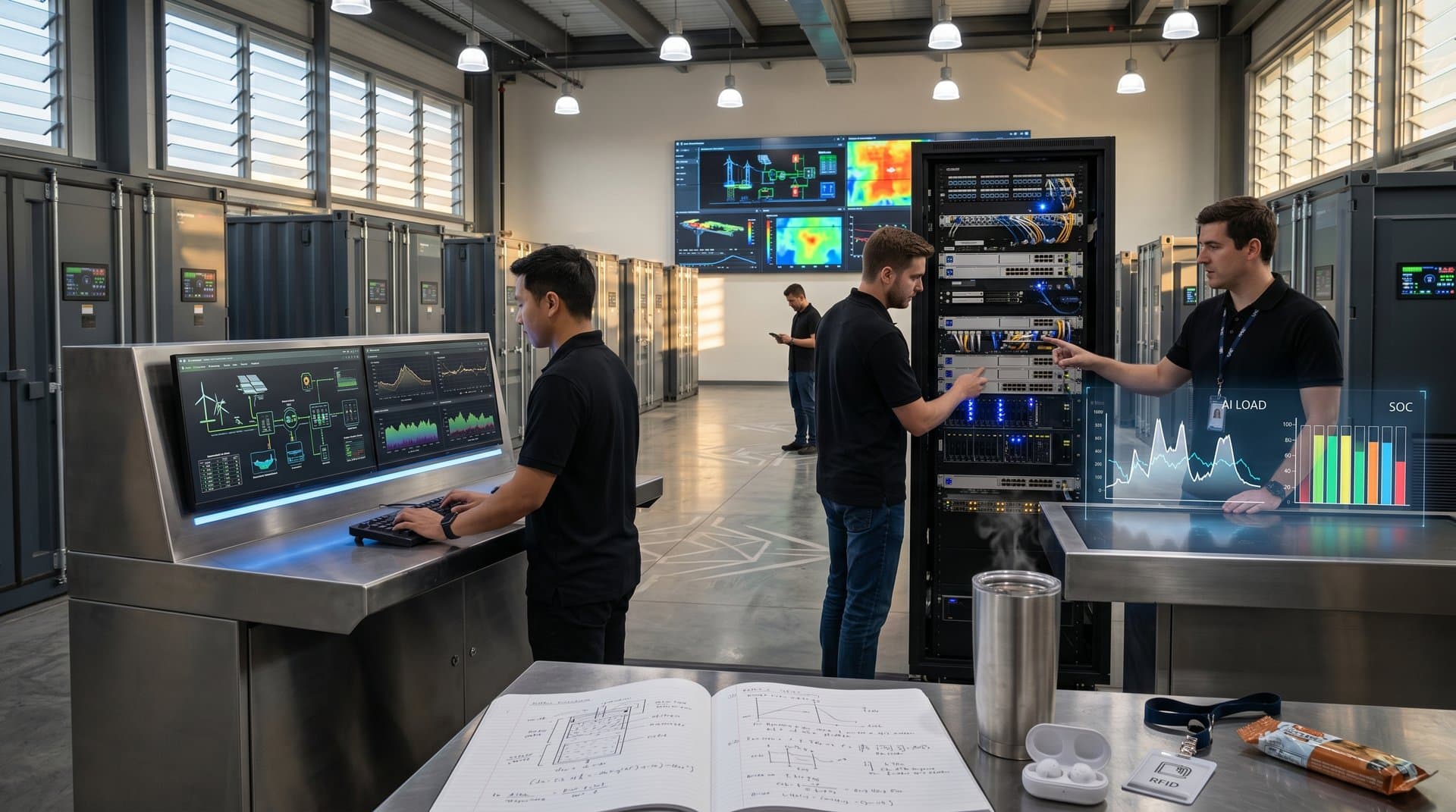 High-tech data center with server racks, battery storage units, and dashboards displaying AI power and grid metrics