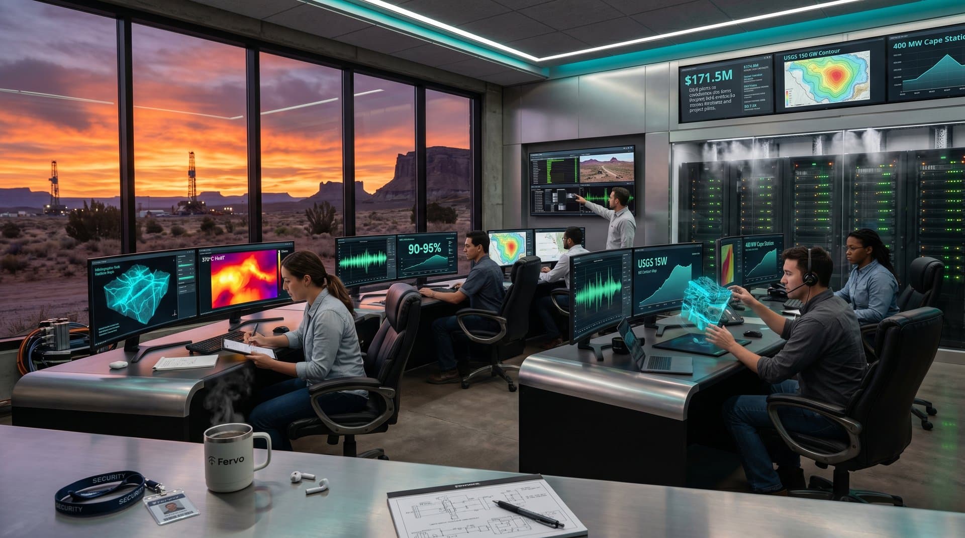 High-tech control room screens display EGS geothermal data, holographic models, and Utah desert view at Fervo Energy facility