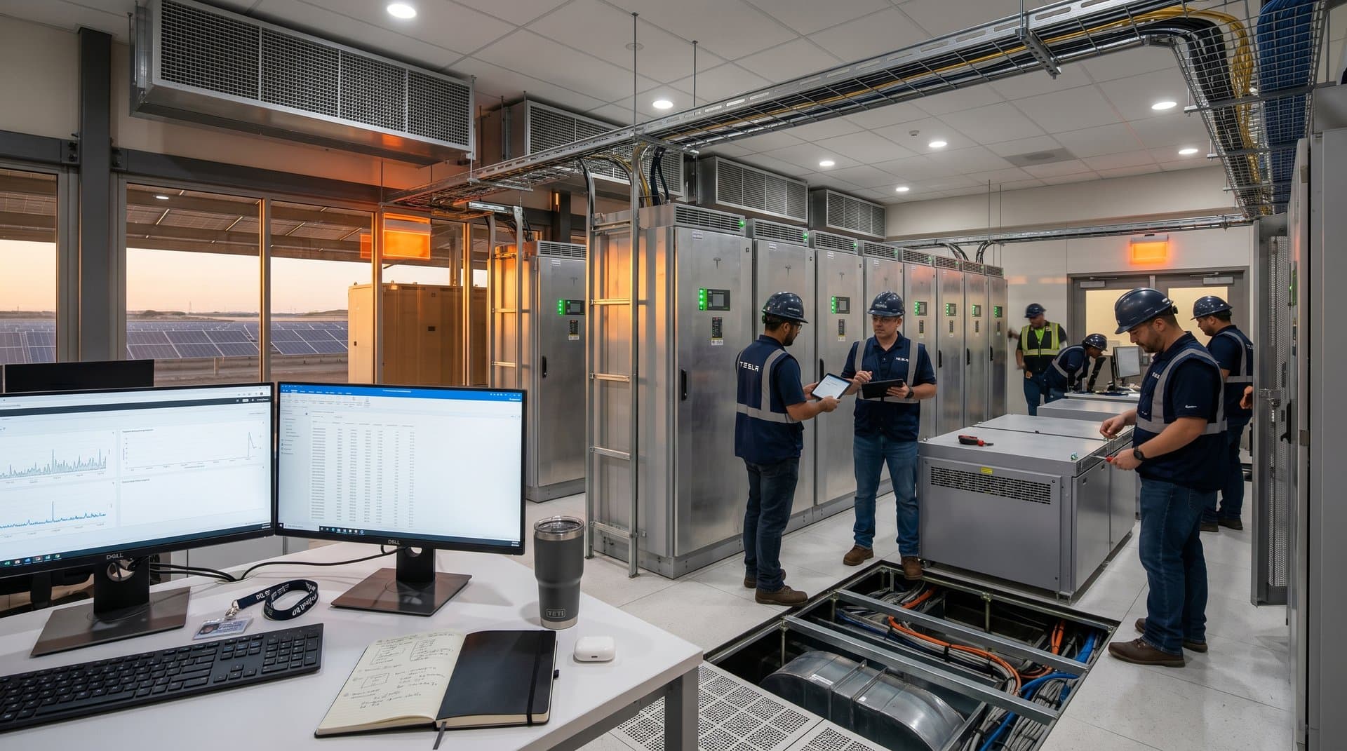 Tesla Megapack batteries and server racks in high-tech data center with solar views and energy trading screens