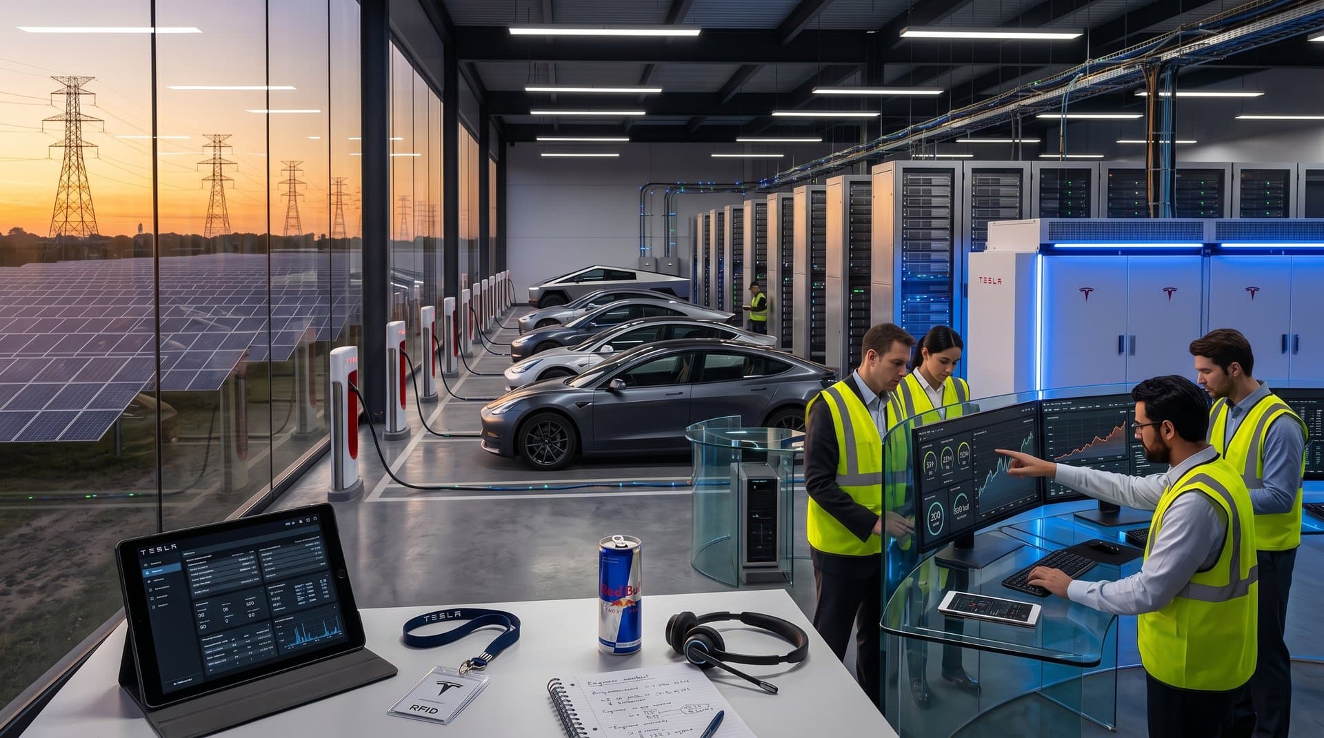 Data center with battery storage, solar panels, EV chargers and energy flow visualization