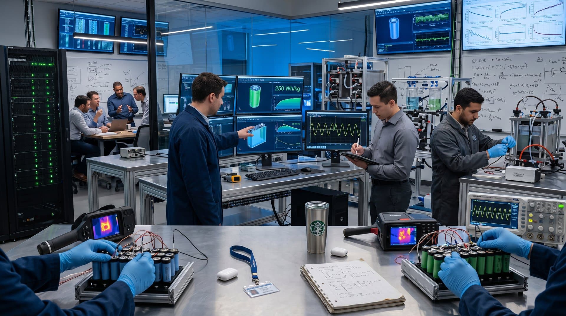 Engineers in energy storage lab review AI battery lifecycle and grid stability simulations on monitors