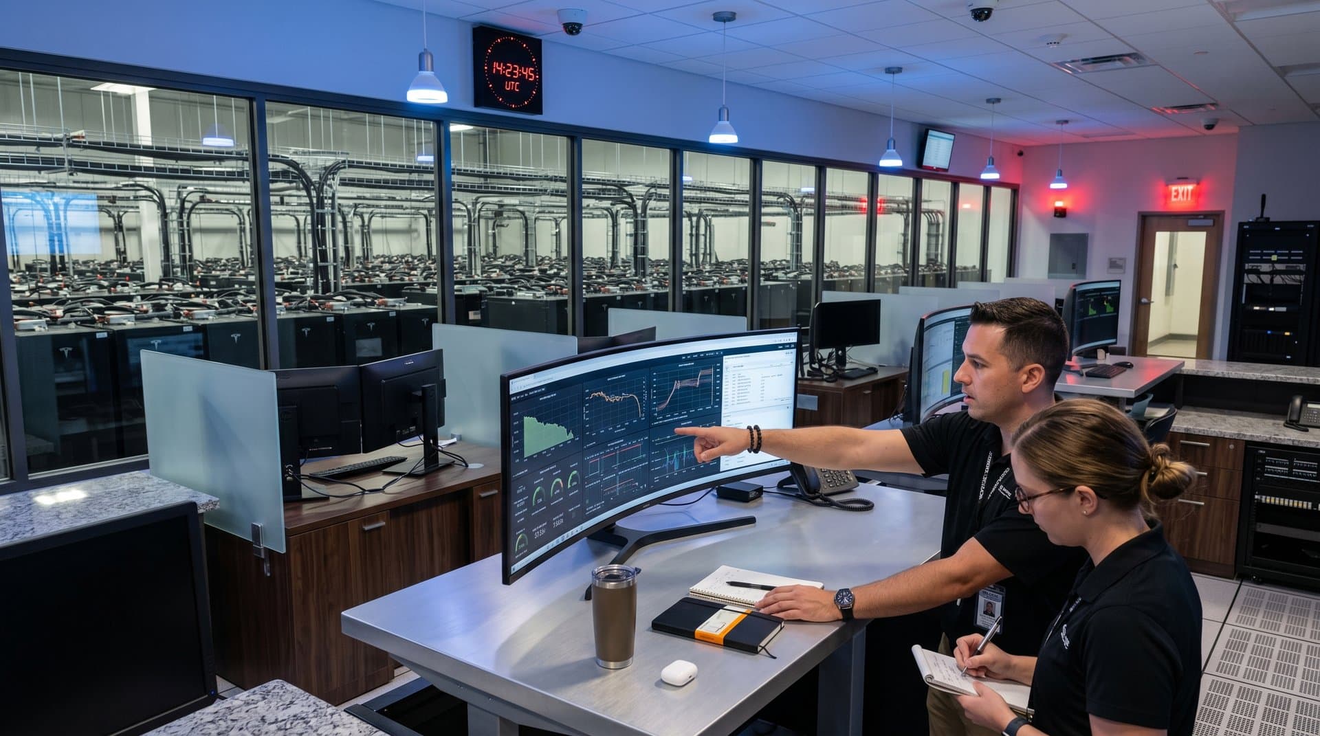 High-tech control room monitoring grid-scale battery systems with Megapack arrays in hyperscaler data center