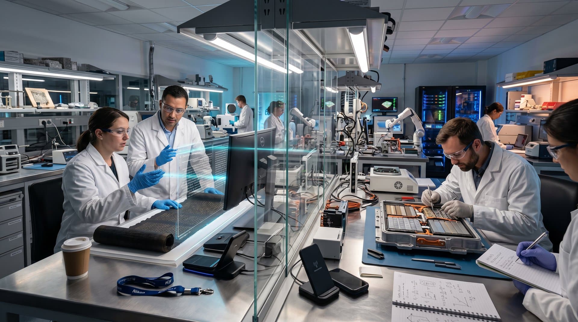 3D renders of AI-unrolled papyrus scroll and sliced EV battery pack in innovative lab with CT scanner beams