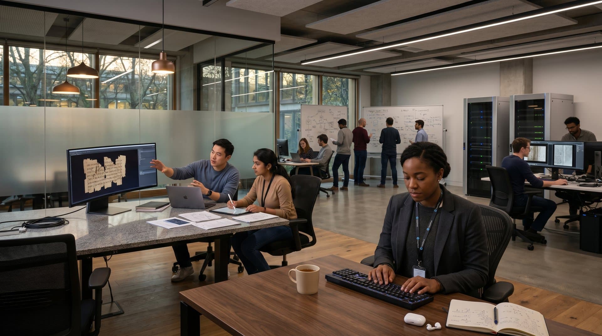 AI researchers in Google DeepMind lab collaborate on 3D papyrus scans and decoded text across high-res monitors in premium workspace