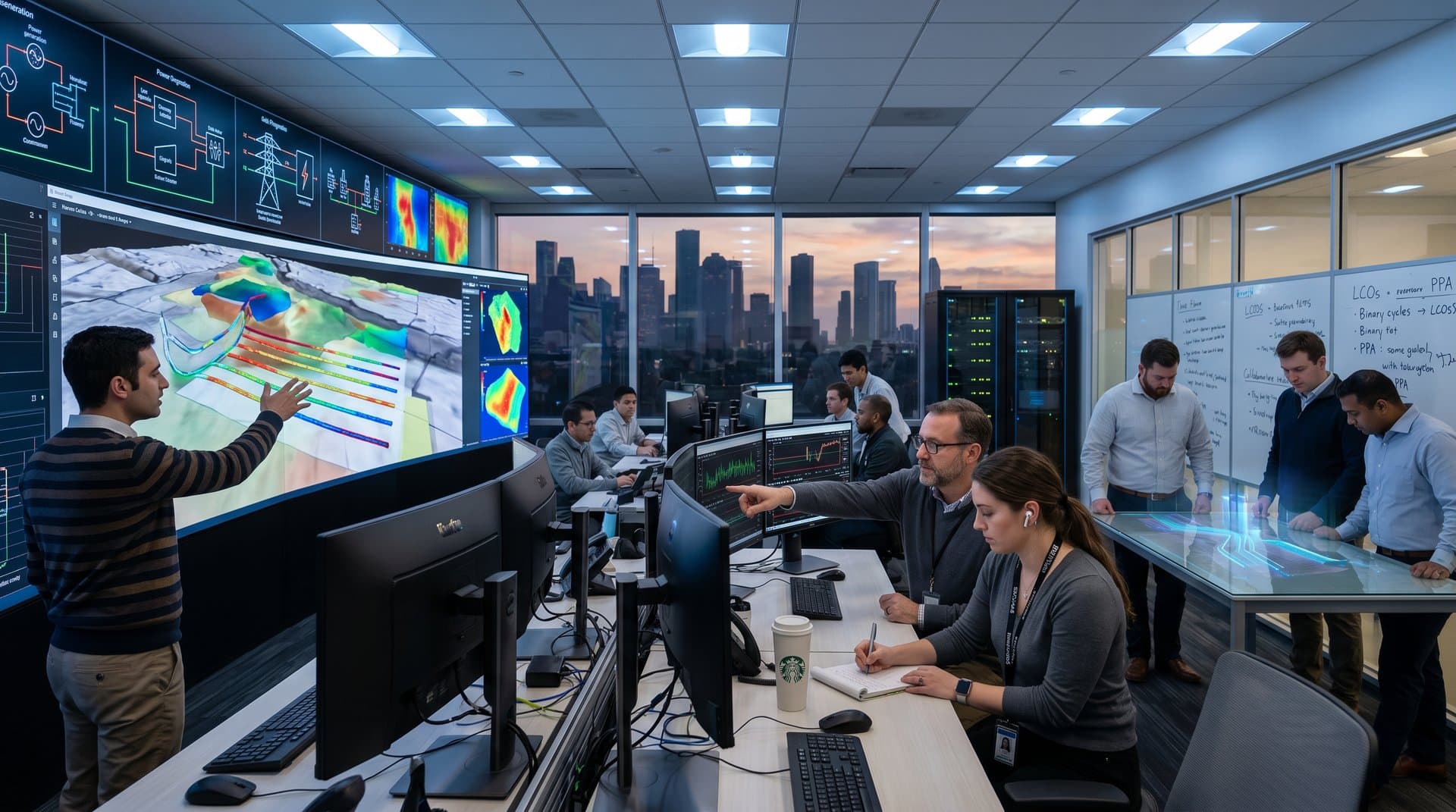 Engineers monitor EGS drilling screens and geothermal maps in Fervo Energy's high-tech Houston control center with multiple displays and collaborative desks