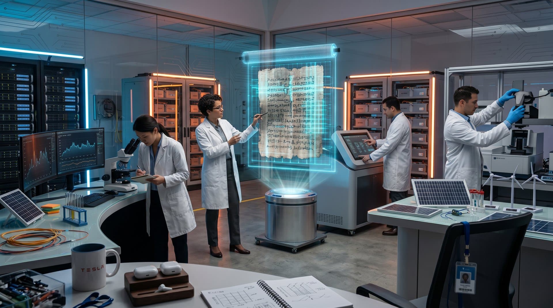 AI-decoded papyrus scans and grid battery power models in high-tech lab with server racks
