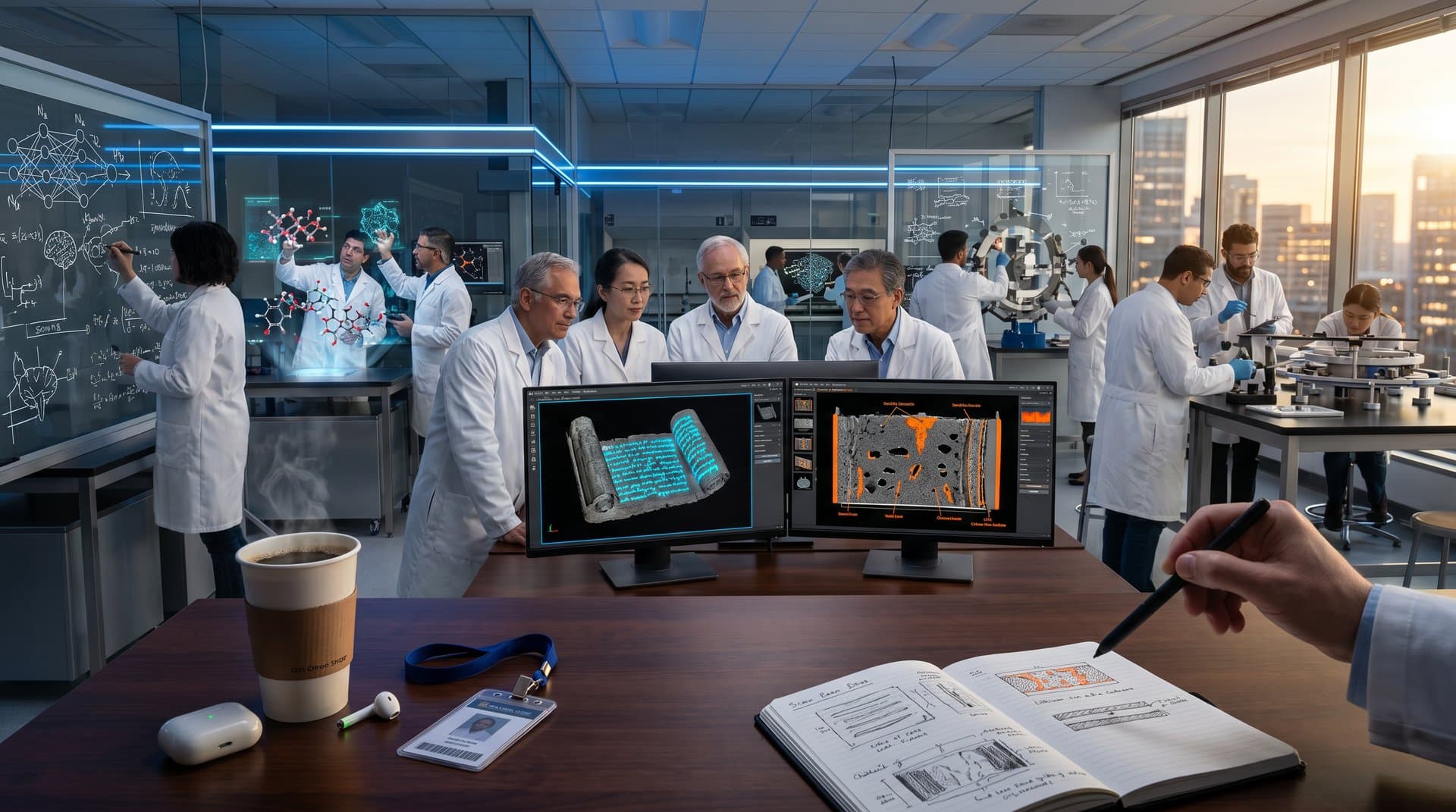 Scientists analyze 3D CT scans of papyrus scrolls and battery cells in a high-tech research lab.