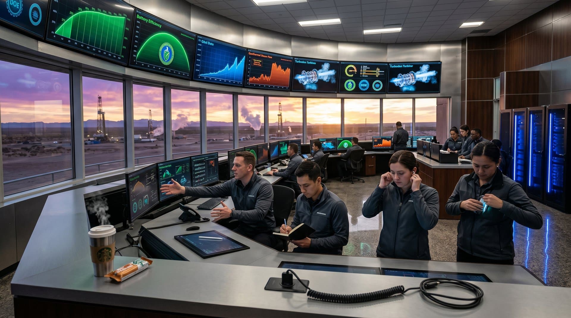 Control room displays EGS geothermal metrics, 150 GW forecasts, storage integration curves, and Turboden schematics in high-tech data center setting.