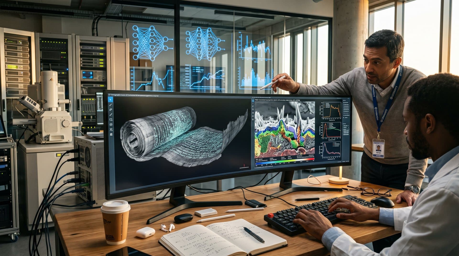 3D CT scans of Herculaneum papyrus scroll and battery electrode on lab monitor with AI overlays highlighting defects and text