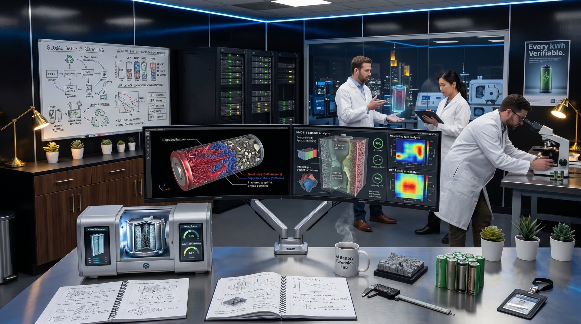 3D AI scans of Herculaneum papyrus and degraded battery cells on monitors in high-tech lab