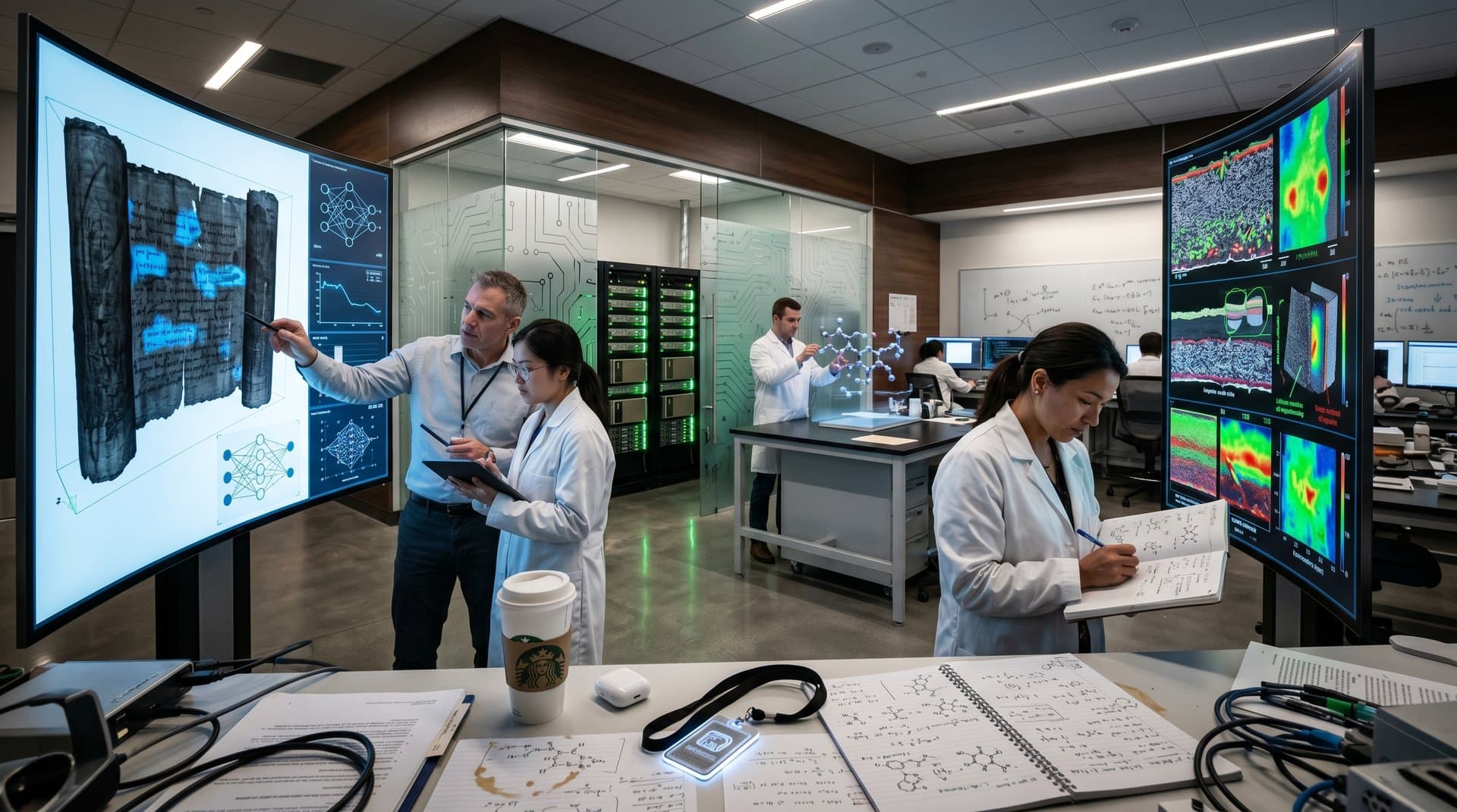 High-tech lab monitors displaying AI-analyzed CT scans of ancient scrolls and battery cells with defect heatmaps