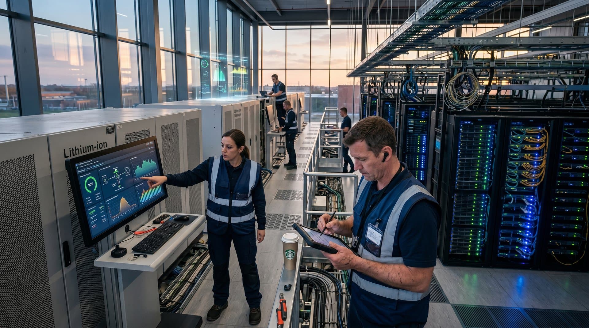 Data center with server racks and integrated lithium-ion battery storage systems displaying power metrics