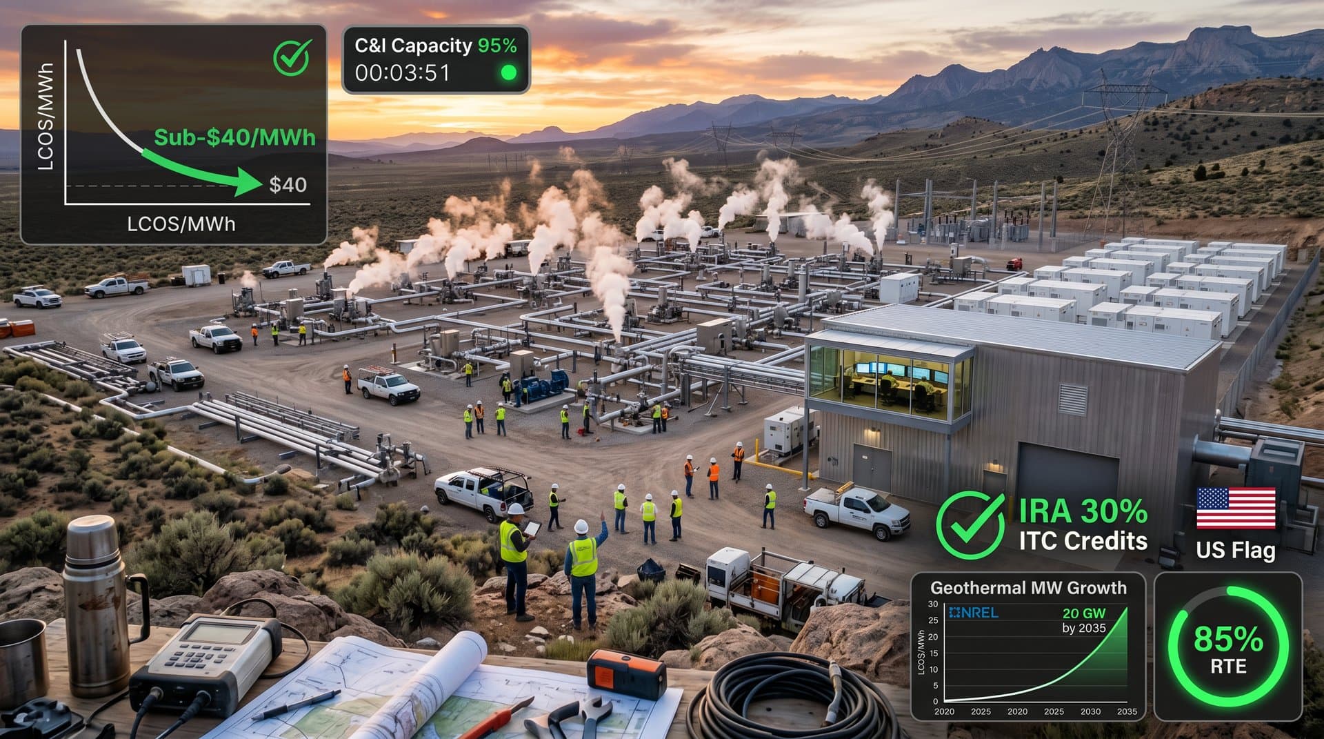 Fervo Energy's 400 MW geothermal plant powering grid storage hybrids in Utah, with LCOS reduction graphs and IRA incentive icons