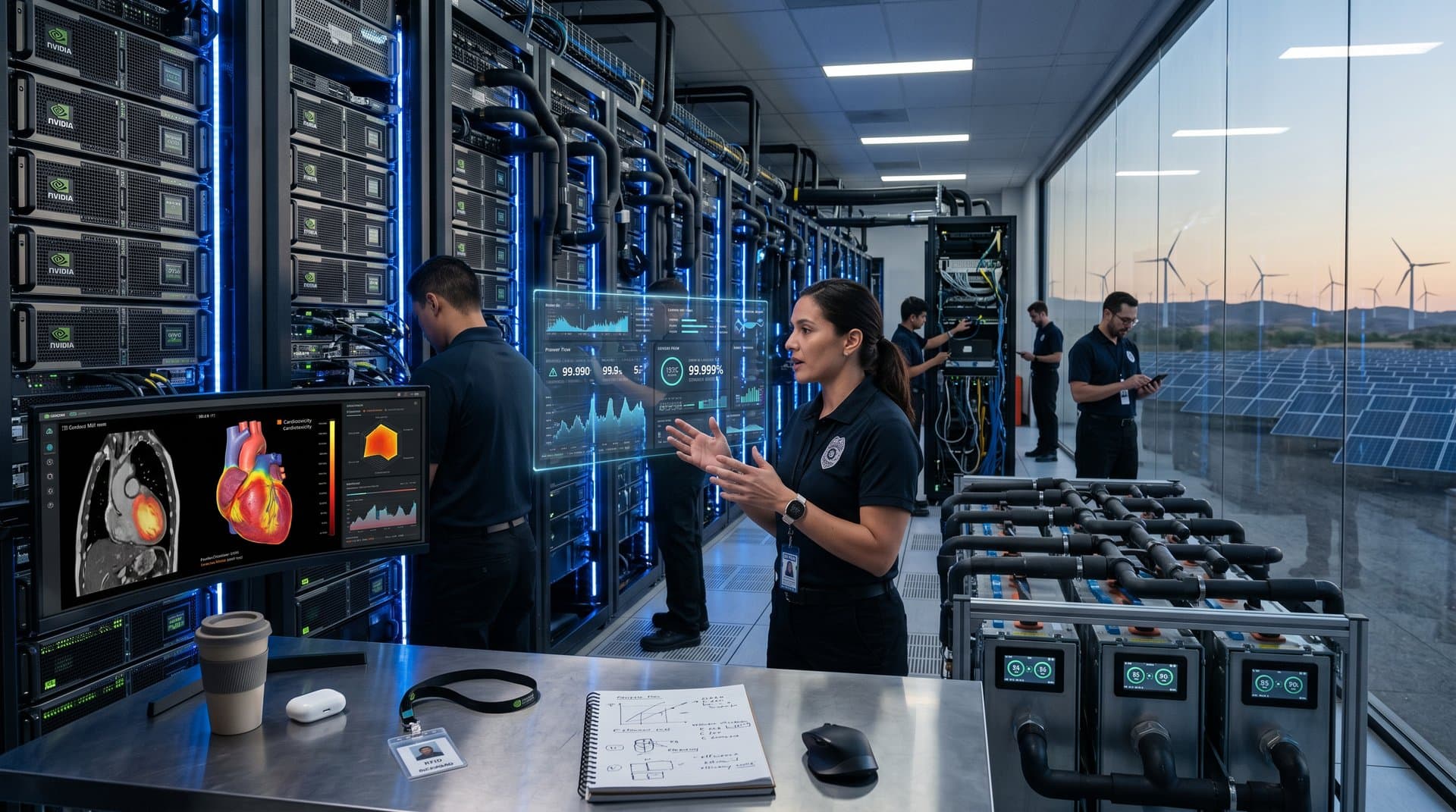 Data center with server racks, grid-scale battery modules, and AI-analyzed cardiac MRI on curved monitor amid renewable energy visuals
