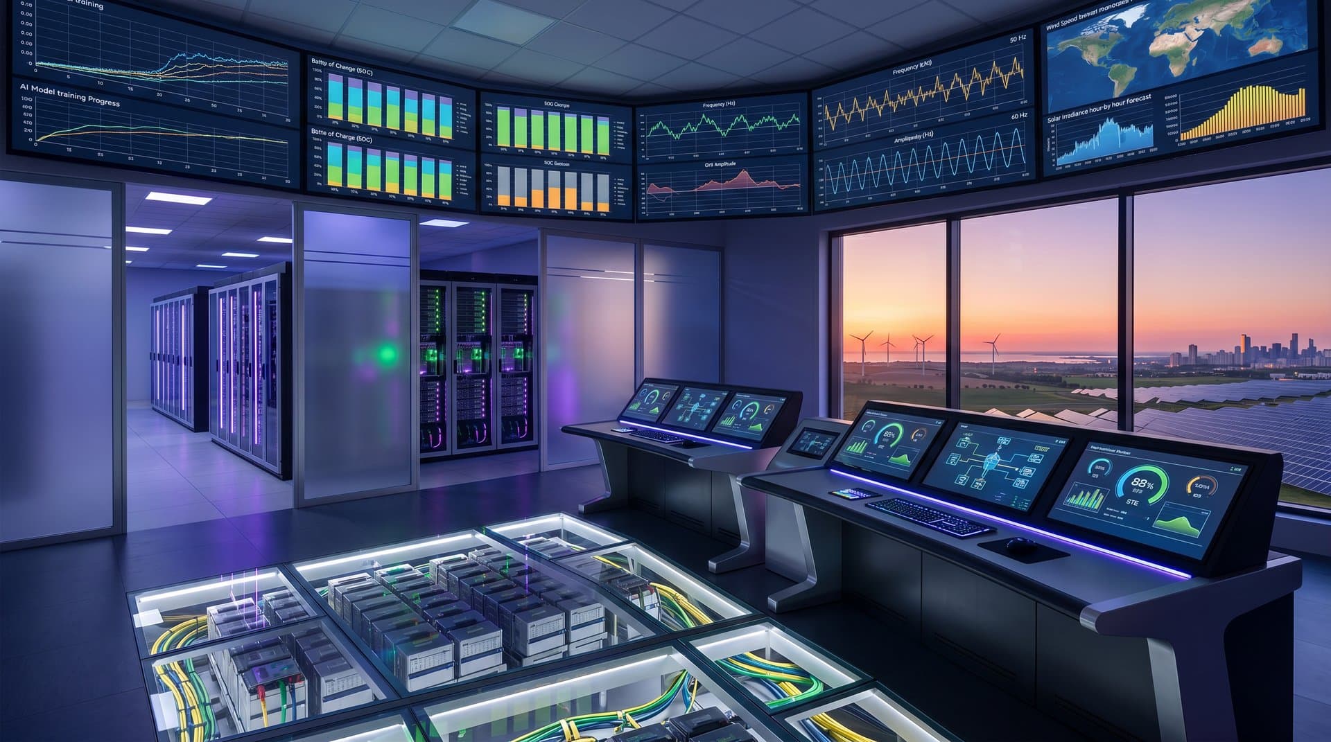 Data center control room with monitors showing AI workloads, battery SOC, and grid metrics amid server racks and enclosures