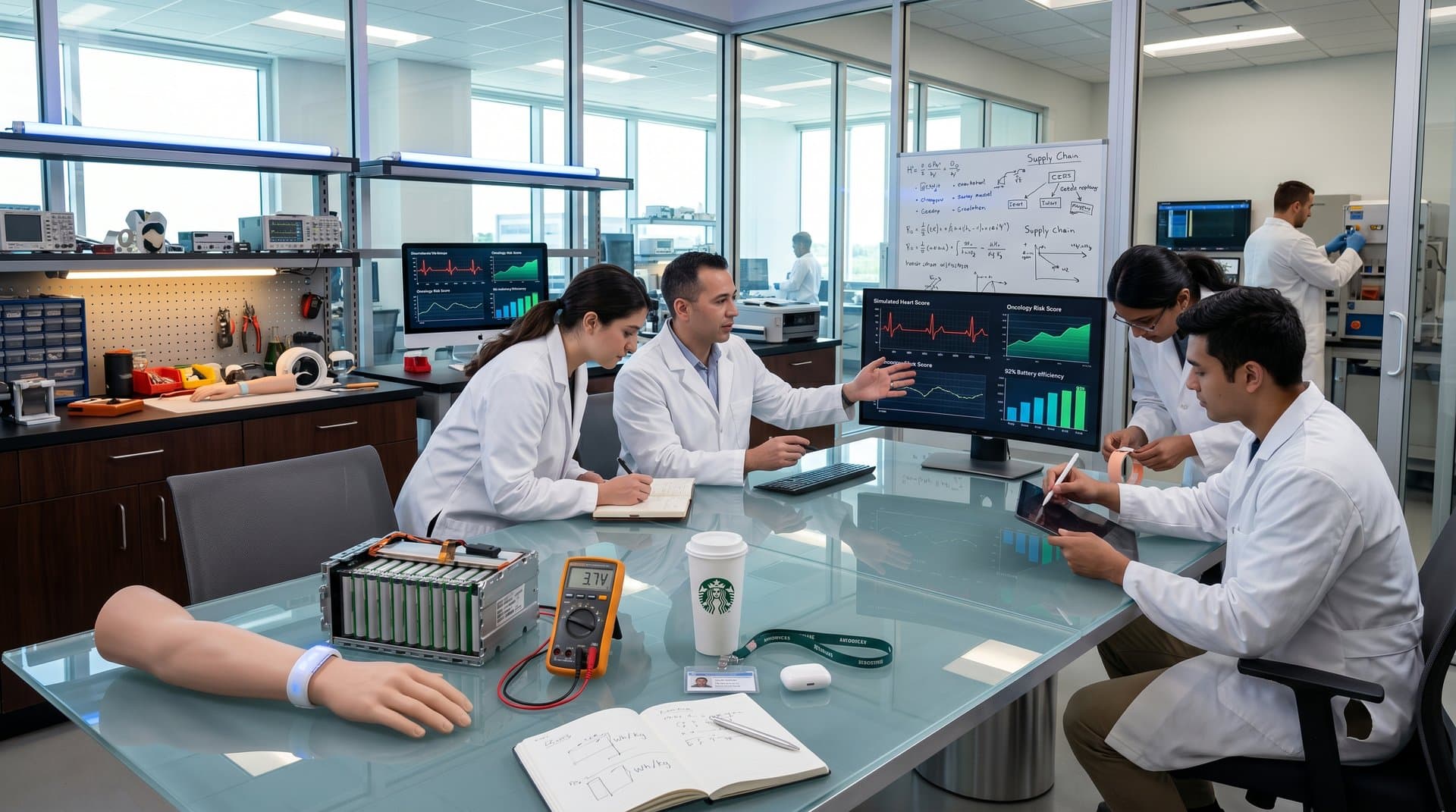 Engineers collaborate on AI cardio-oncology edge devices and high-density batteries in a research lab