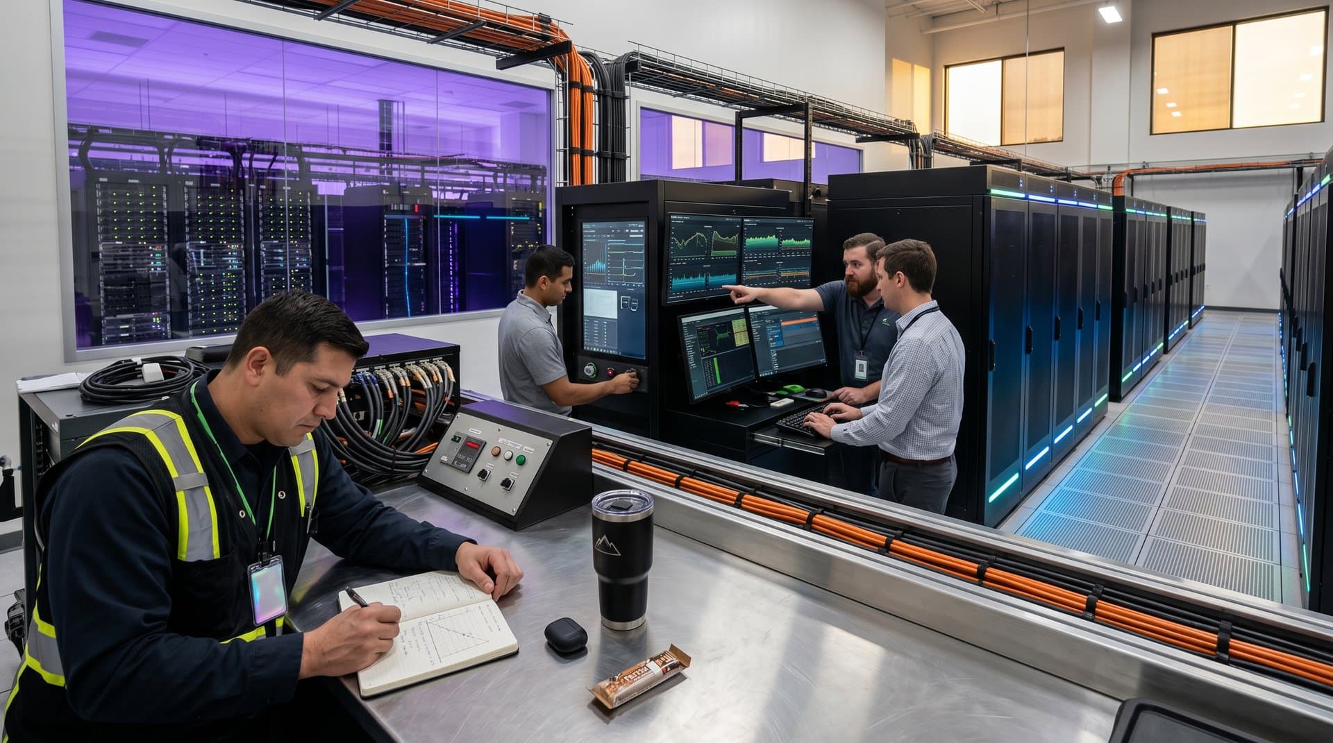 Tesla Megapacks and control consoles in modern data center battery storage room with server aisles beyond