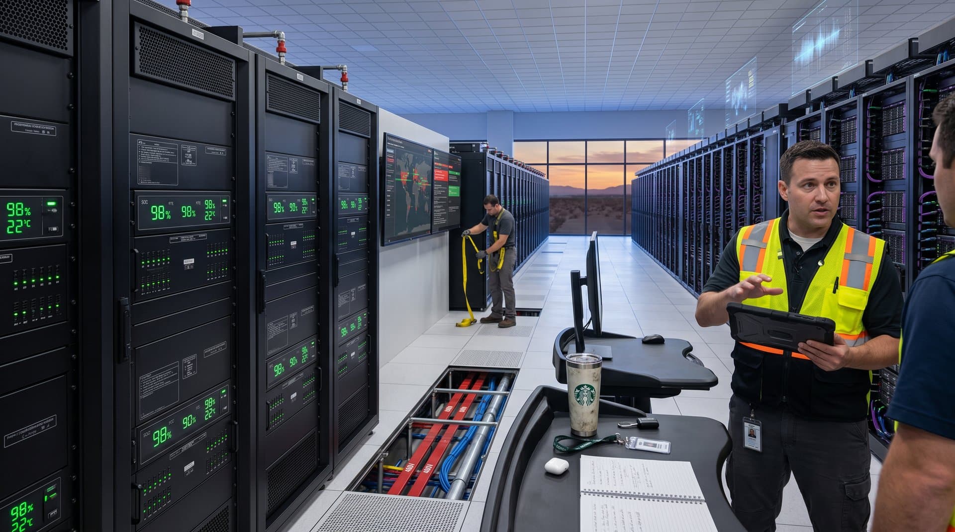 Engineers monitor LFP battery racks and AI power dashboards in resilient Tier IV data center amid global supply shifts