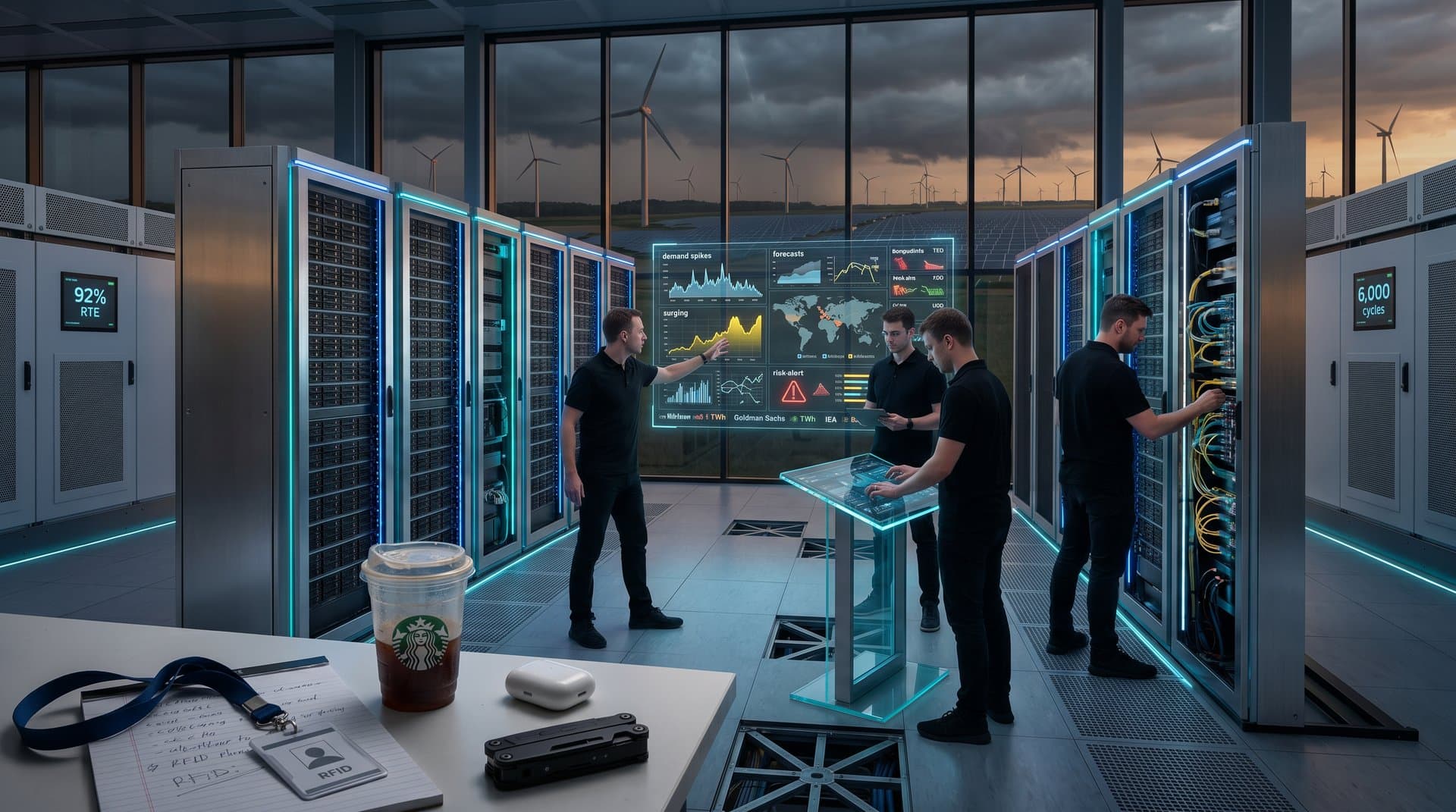 Data center with LFP battery storage, power dashboards, renewables amid geopolitical alerts