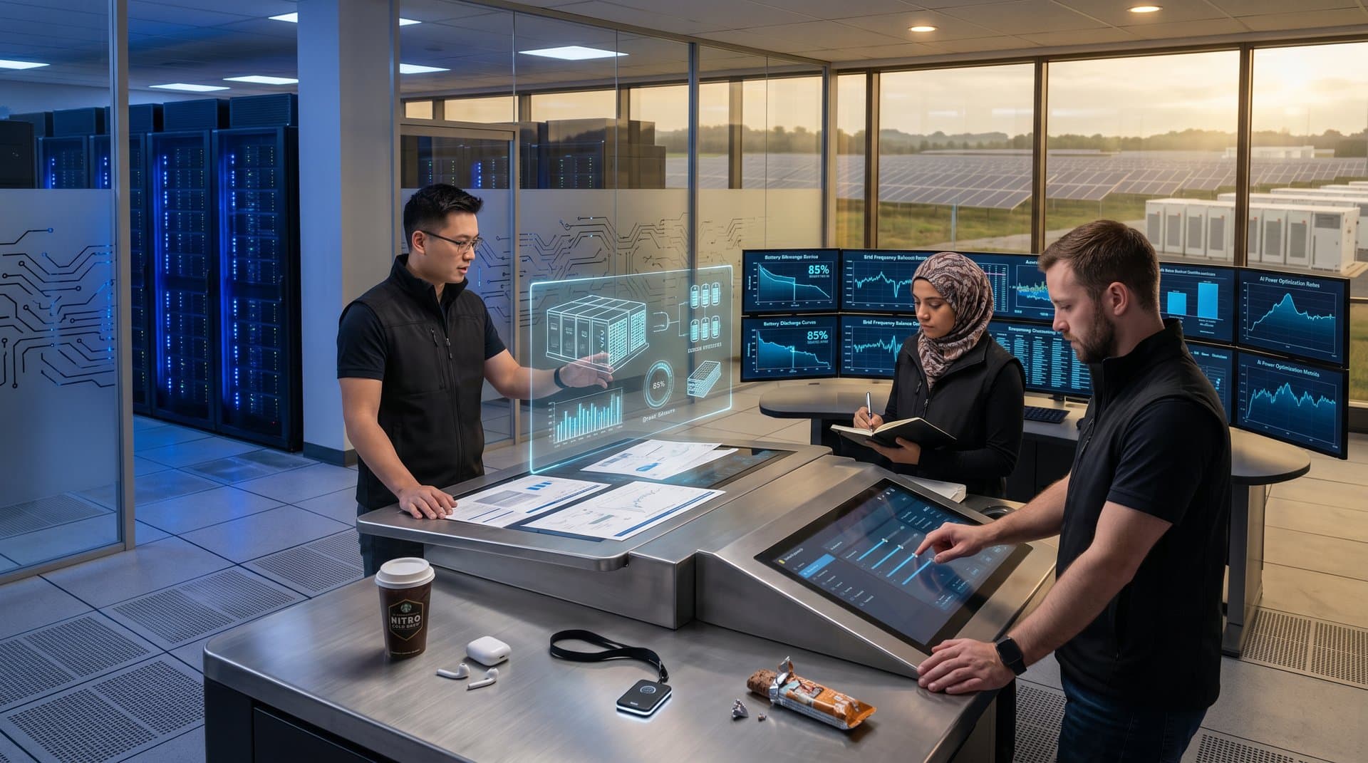 Data center control room monitors showing battery storage metrics, grid balances, and AI power data amid server racks
