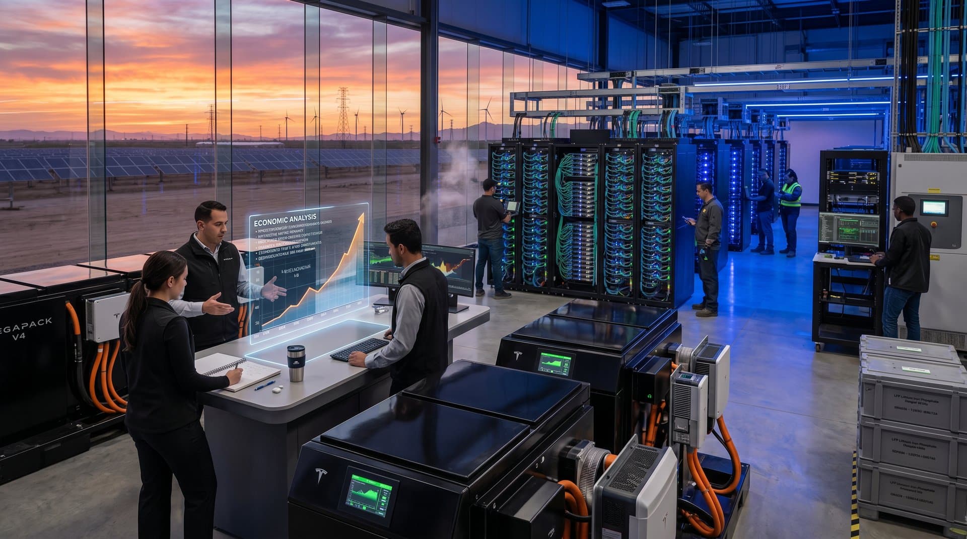 Data center with server racks, Tesla Megapack batteries, and solar-plus-storage power graphs