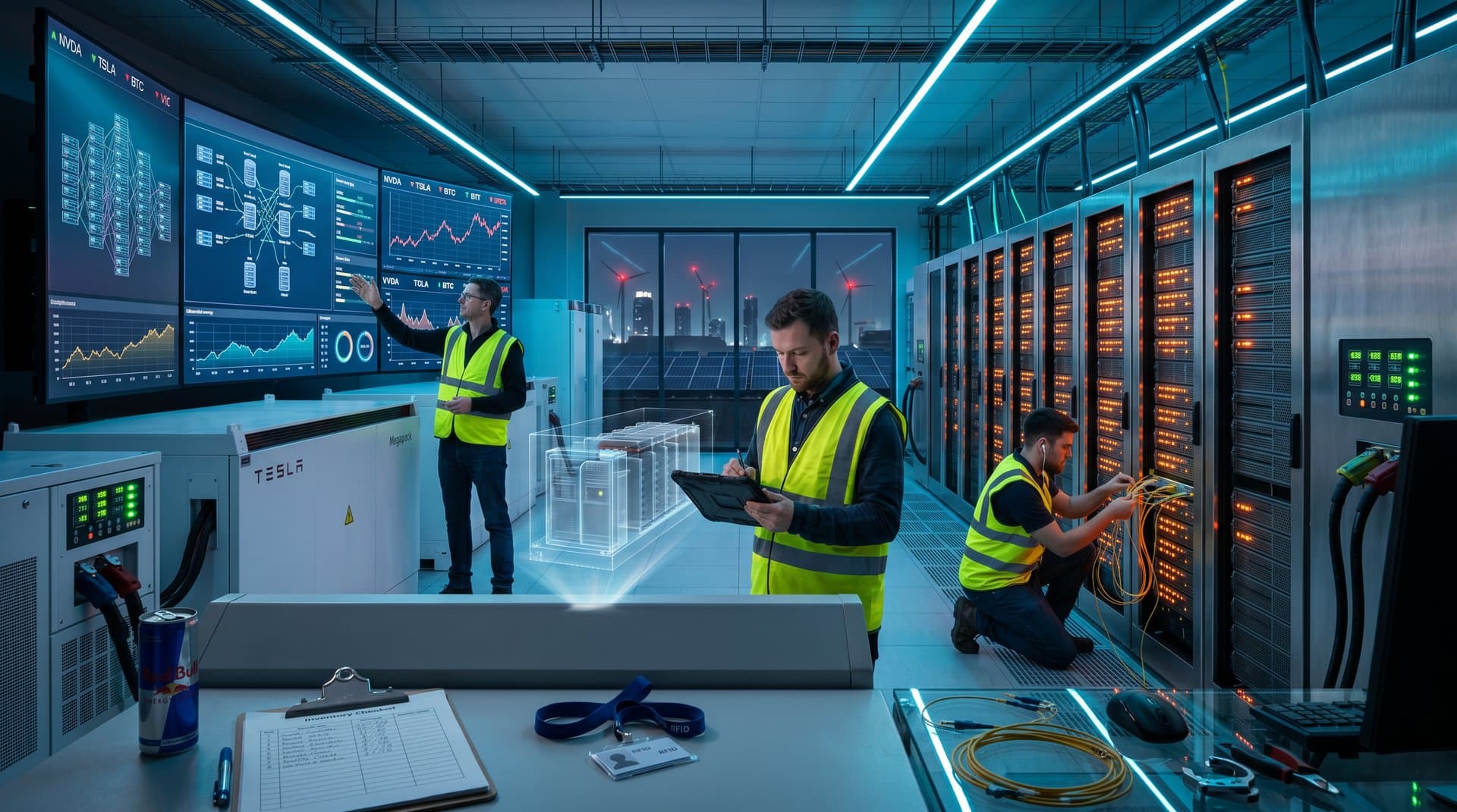 Data center with server racks and battery storage systems, engineers monitoring AI power metrics