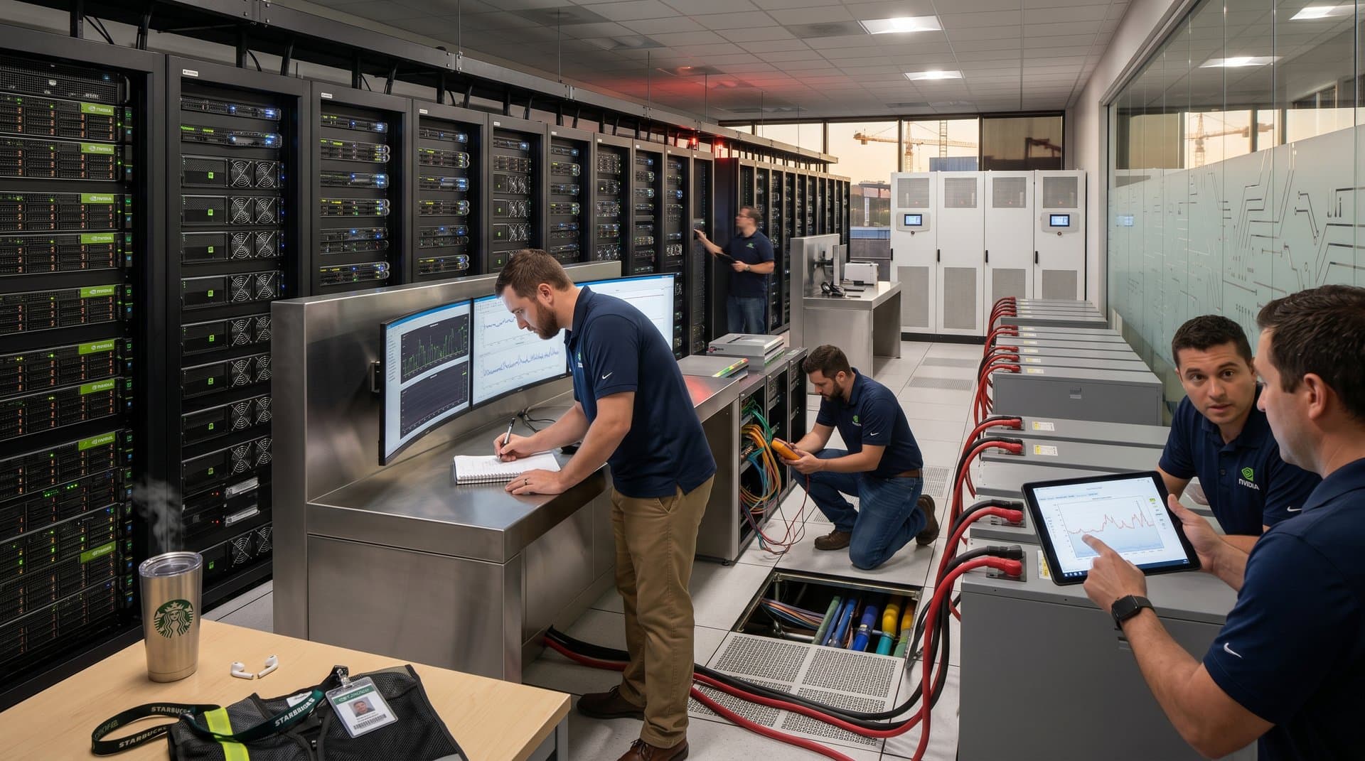 High-tech data center with server racks, UPS battery modules, exposed underfloor cabling, and power monitoring displays