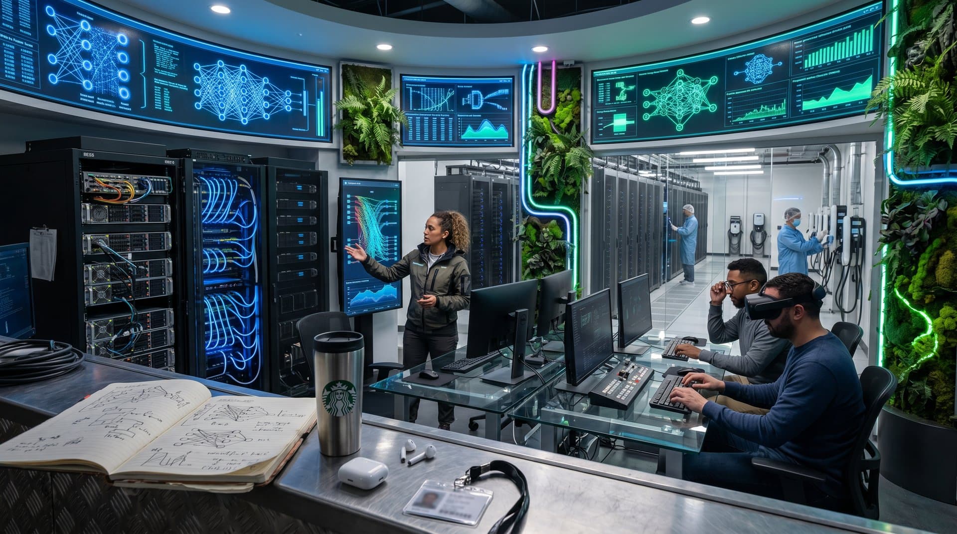 OpenAI lab with holographic AGI displays, battery storage racks, V2G chargers, and server farms in modern glass-walled environment