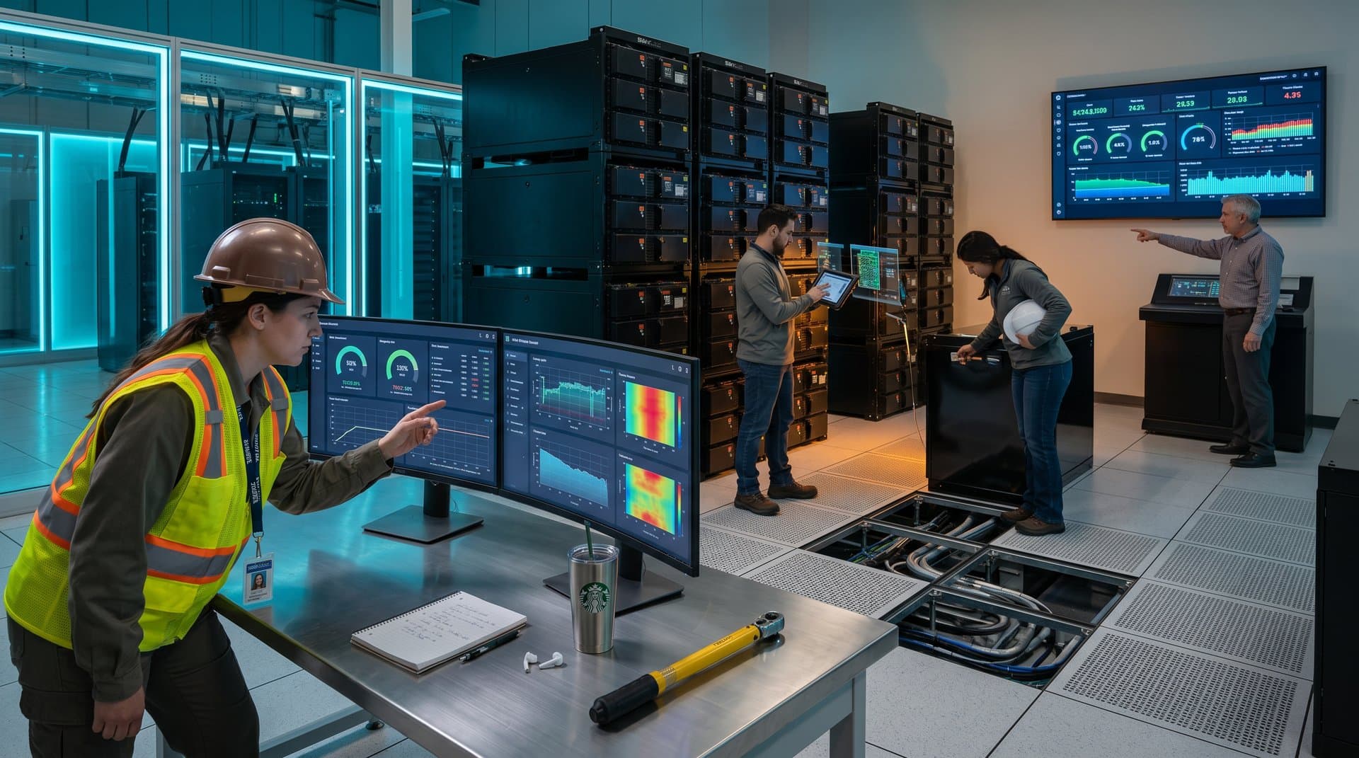 Control room dashboards and engineers monitoring battery storage systems in a modern AI data center