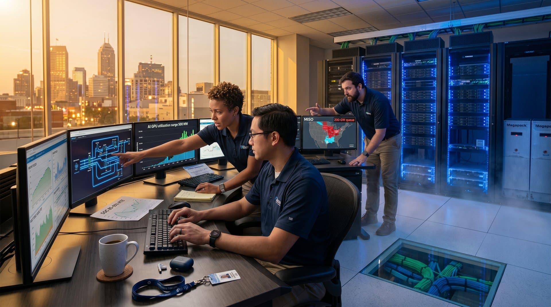 High-tech data center control room monitoring AI power metrics, battery systems, and MISO grid in Indiana