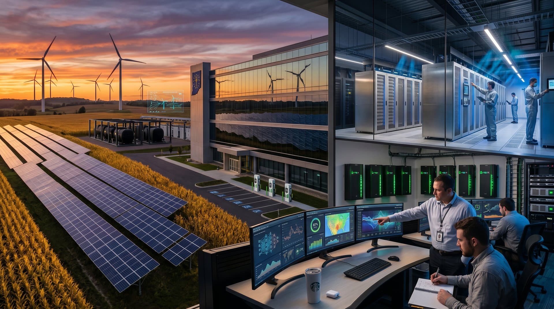 Indiana data center with solar arrays, wind turbines, server racks, and advanced battery storage systems