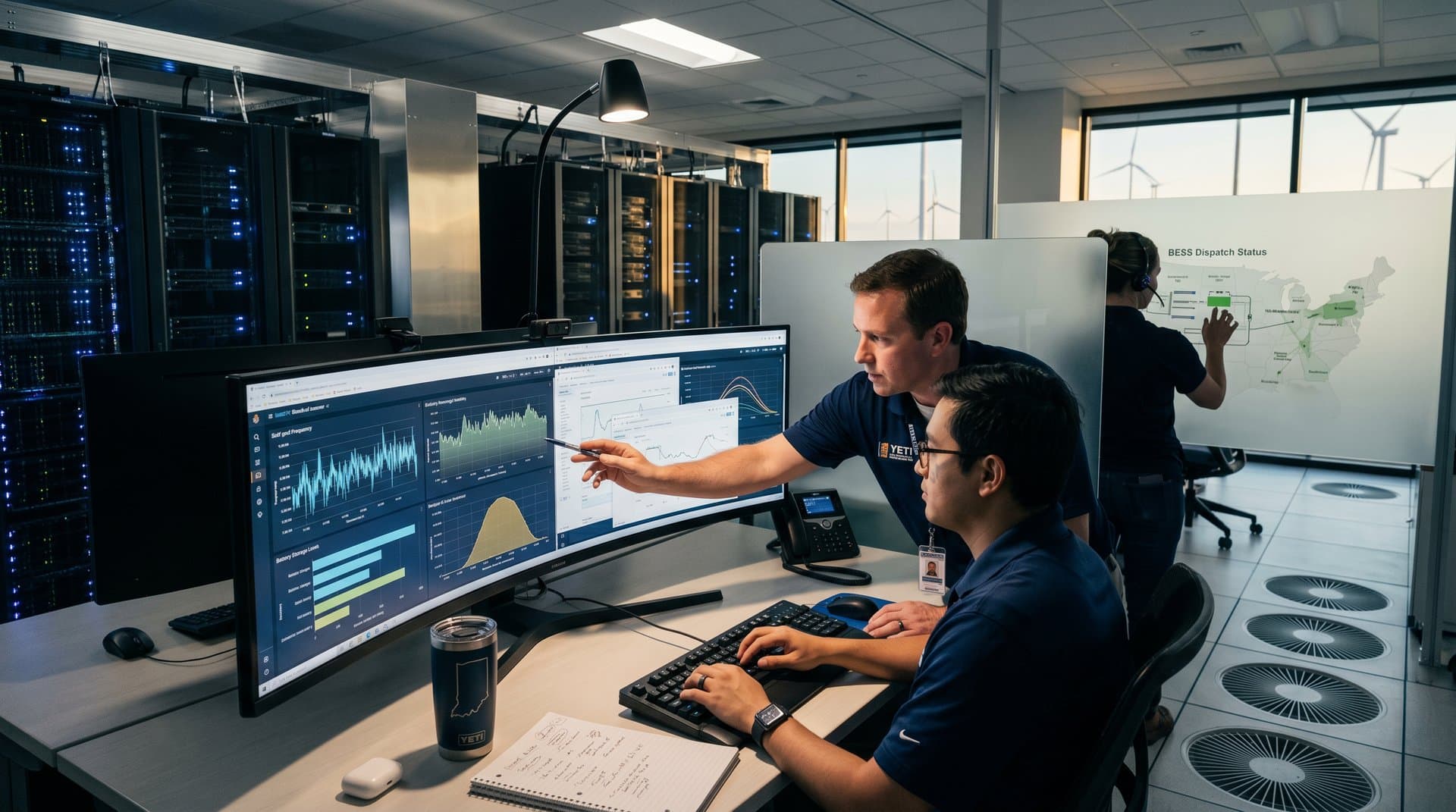 Engineer monitors battery storage and renewables dashboards in Tier IV data center control room with server racks and team collaboration
