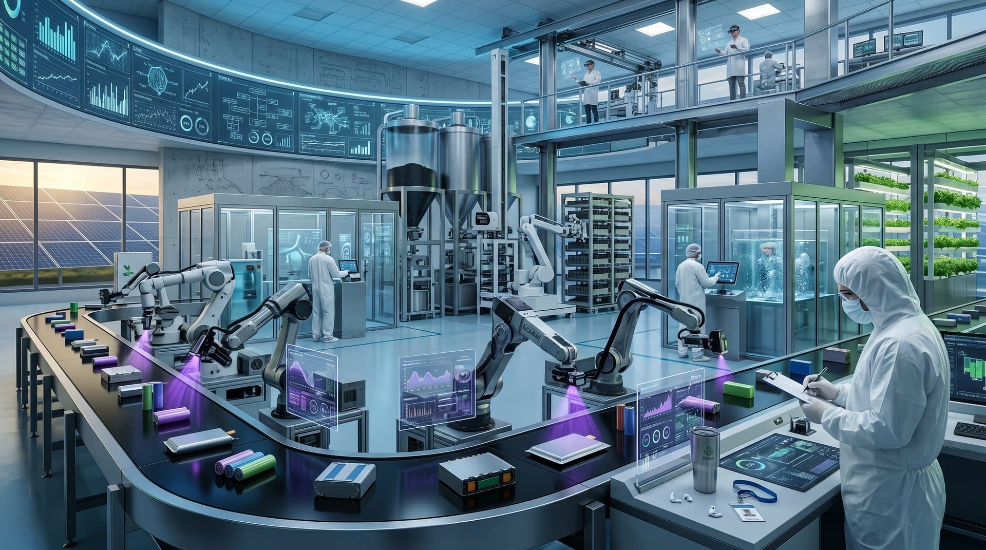 AI robots sorting batteries in high-tech recycling facility with digital SoH overlays and storage modules