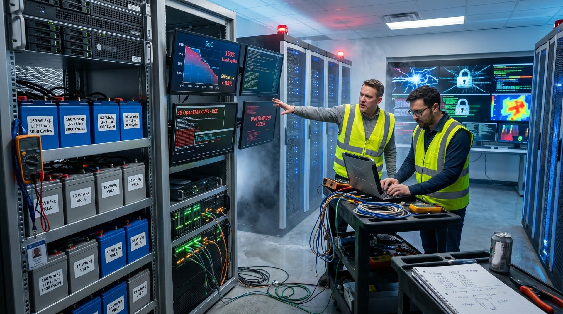 UPS battery racks and monitors showing OpenEMR CVE alerts in hospital power room