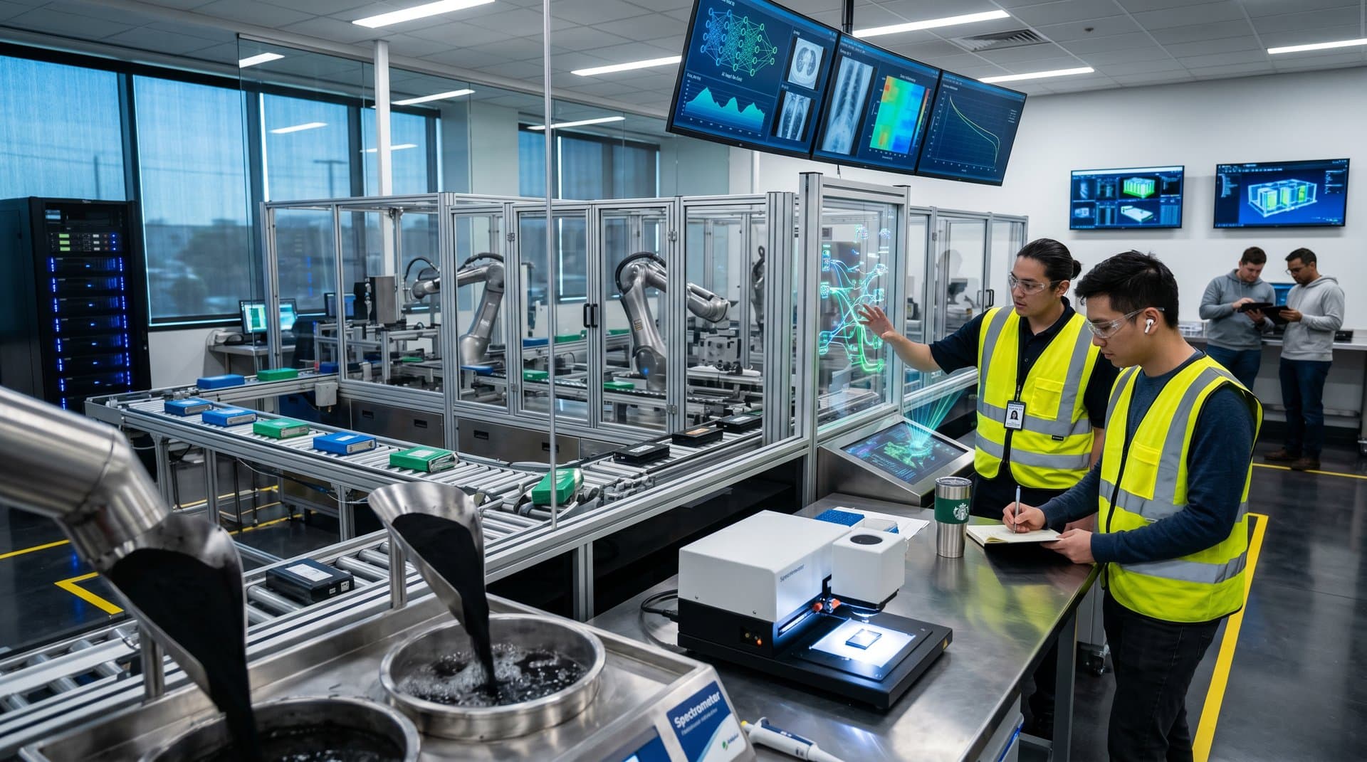 AI-powered battery recycling lab with robotic sorting, screens showing degradation analysis, and material processing equipment