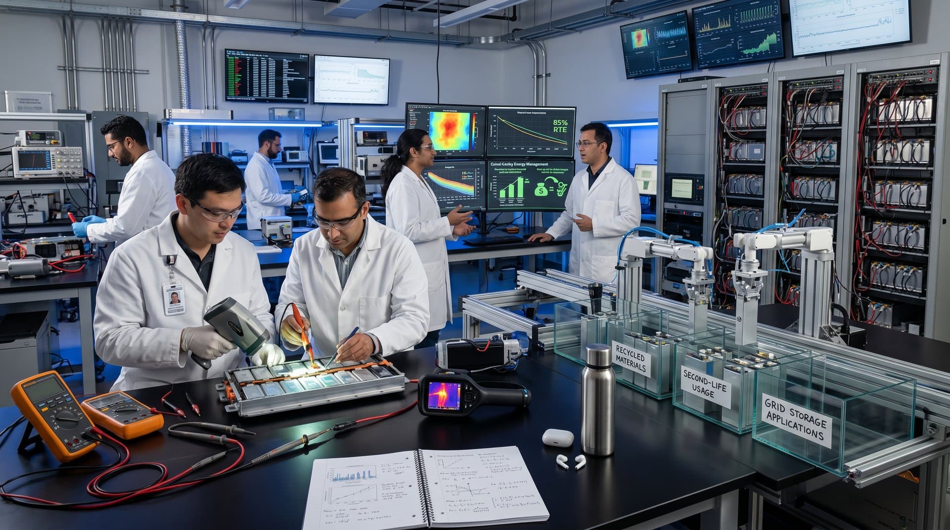 AI-driven battery sorting lab analyzing EV modules for grid reuse with screens and robots