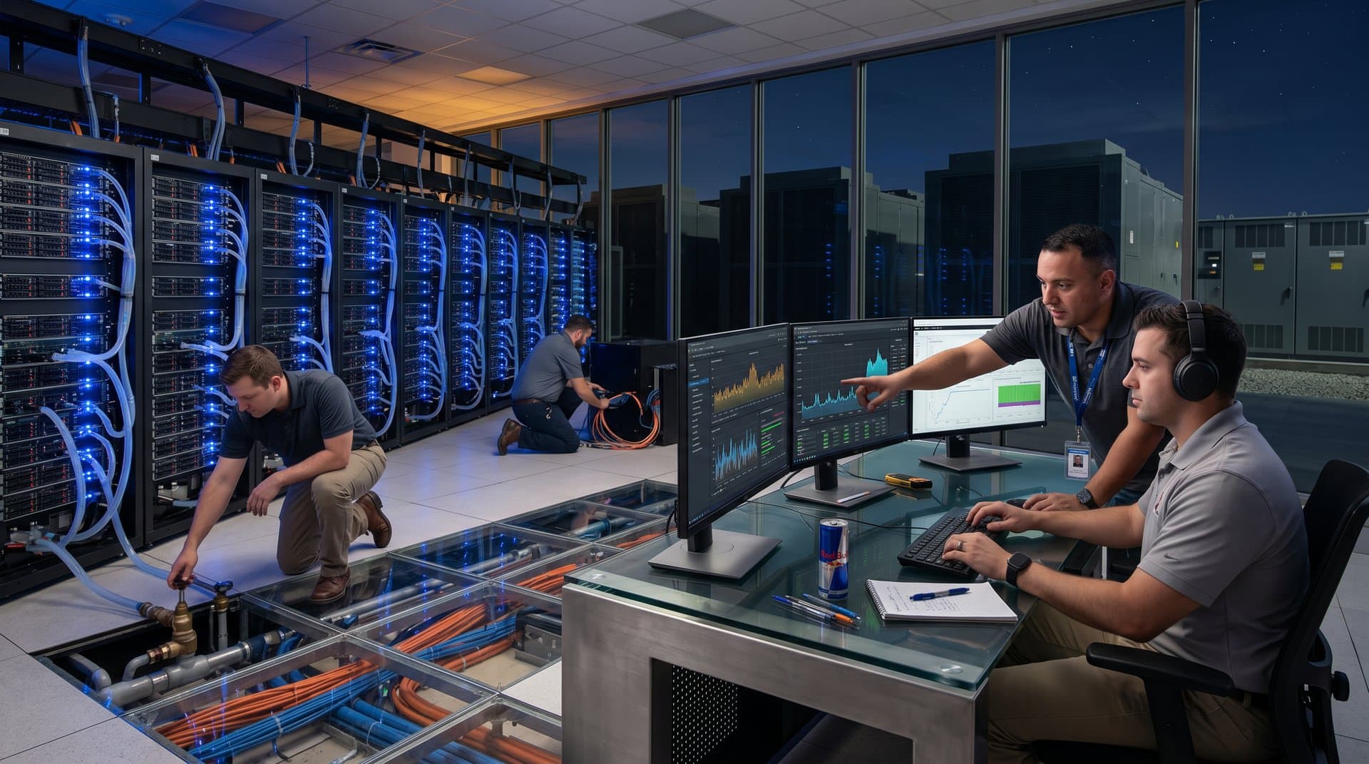 Glowing server racks and BESS monitors in modern data center highlighting AI power demands and battery infrastructure