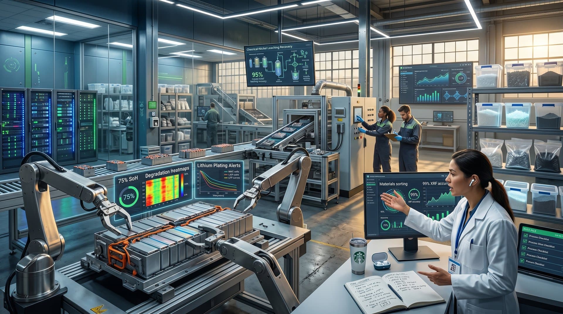 AI-powered battery recycling facility with robotic disassembly and ML analytics screens