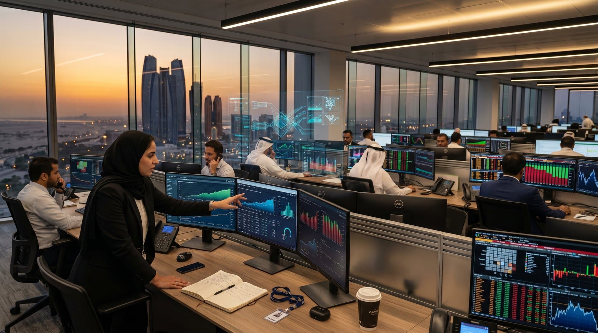 Traders analyze UAE OPEC exit impacts on oil futures, grid storage, and renewables in Abu Dhabi trading floor