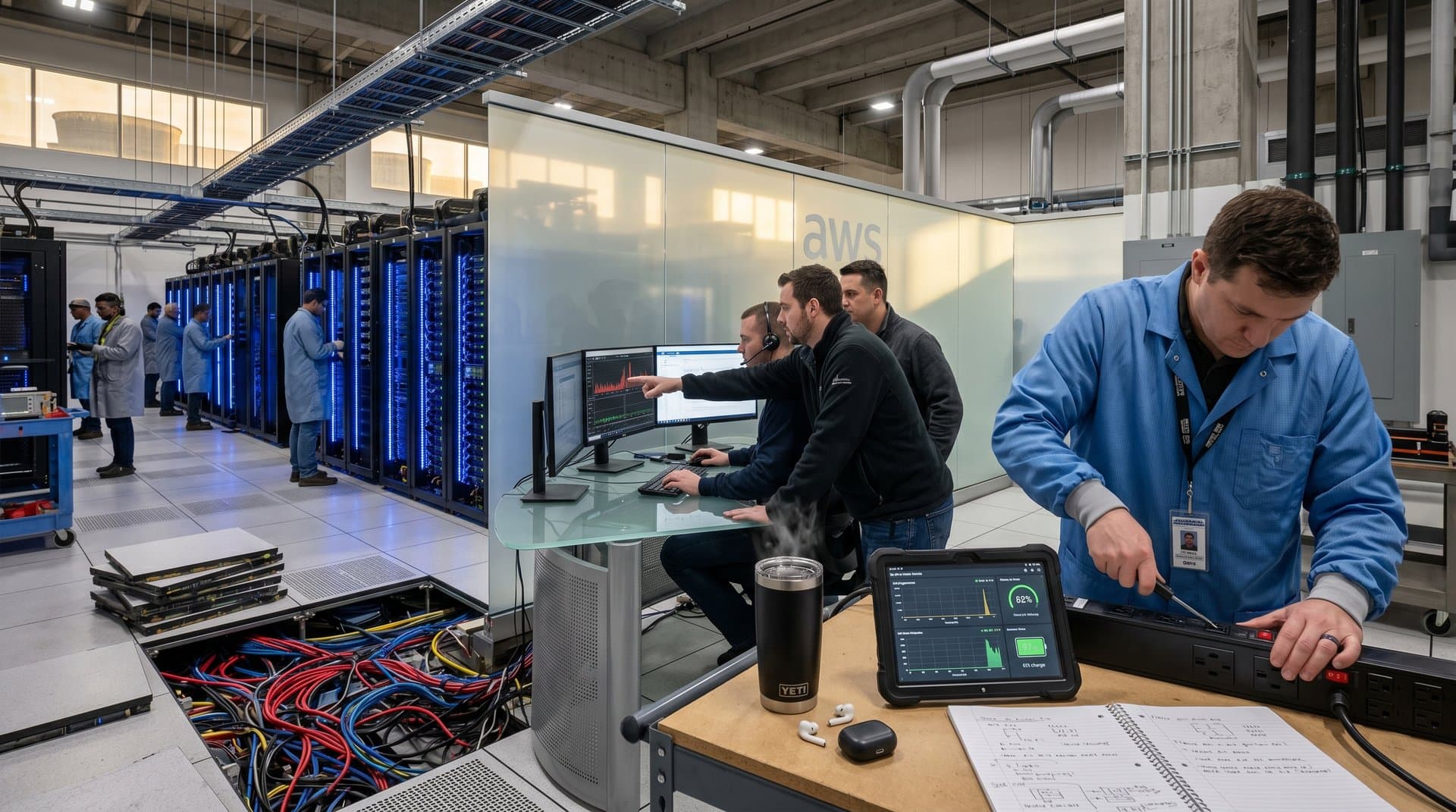 Engineer adjusts equipment amid server racks and battery storage in a busy AWS Tier IV data center with glowing monitors and technicians at consoles