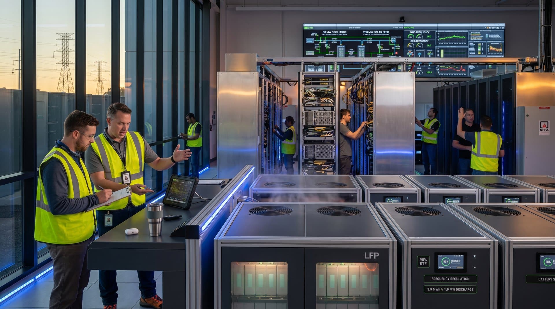 Lithium-ion battery racks and GPU servers in high-tech data center with power monitoring consoles