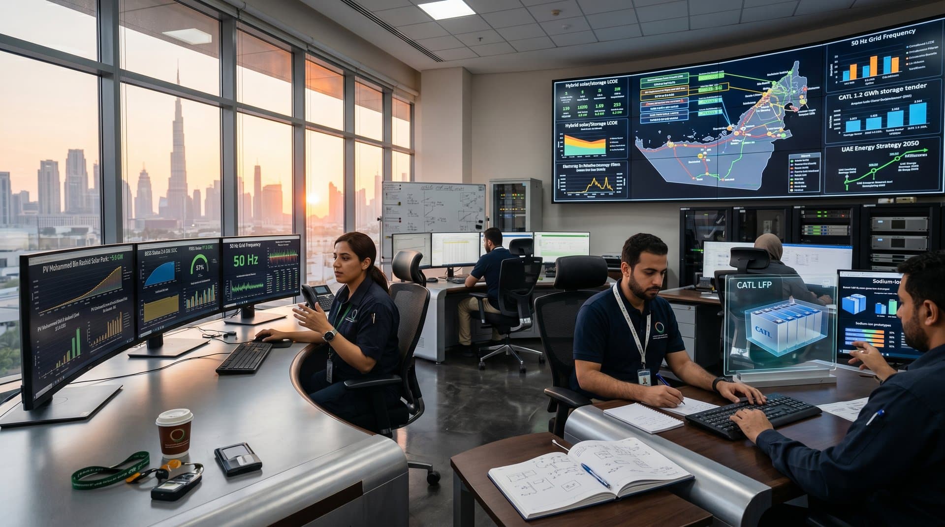 DEWA Grid Center operators monitor solar dispatch and battery levels against Dubai skyline