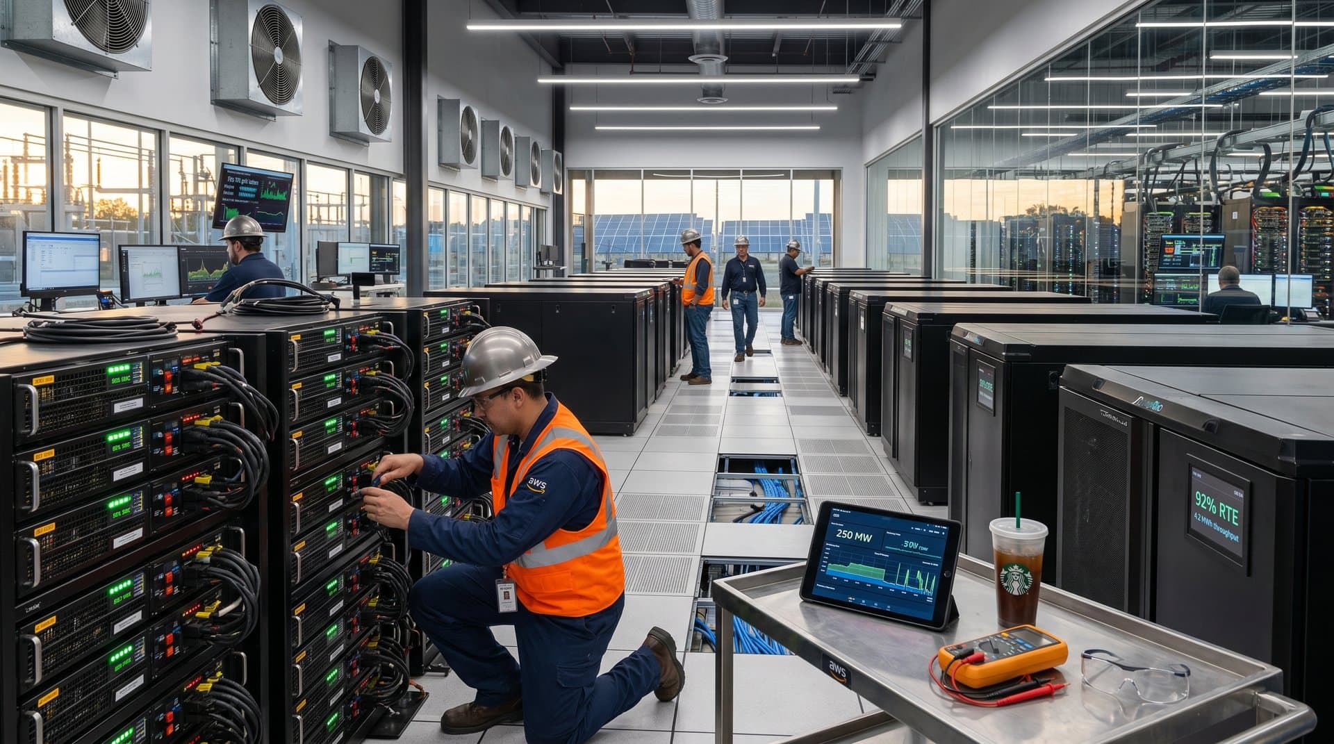 Lithium-ion battery racks and server aisles in AWS data center, monitors display power and grid metrics