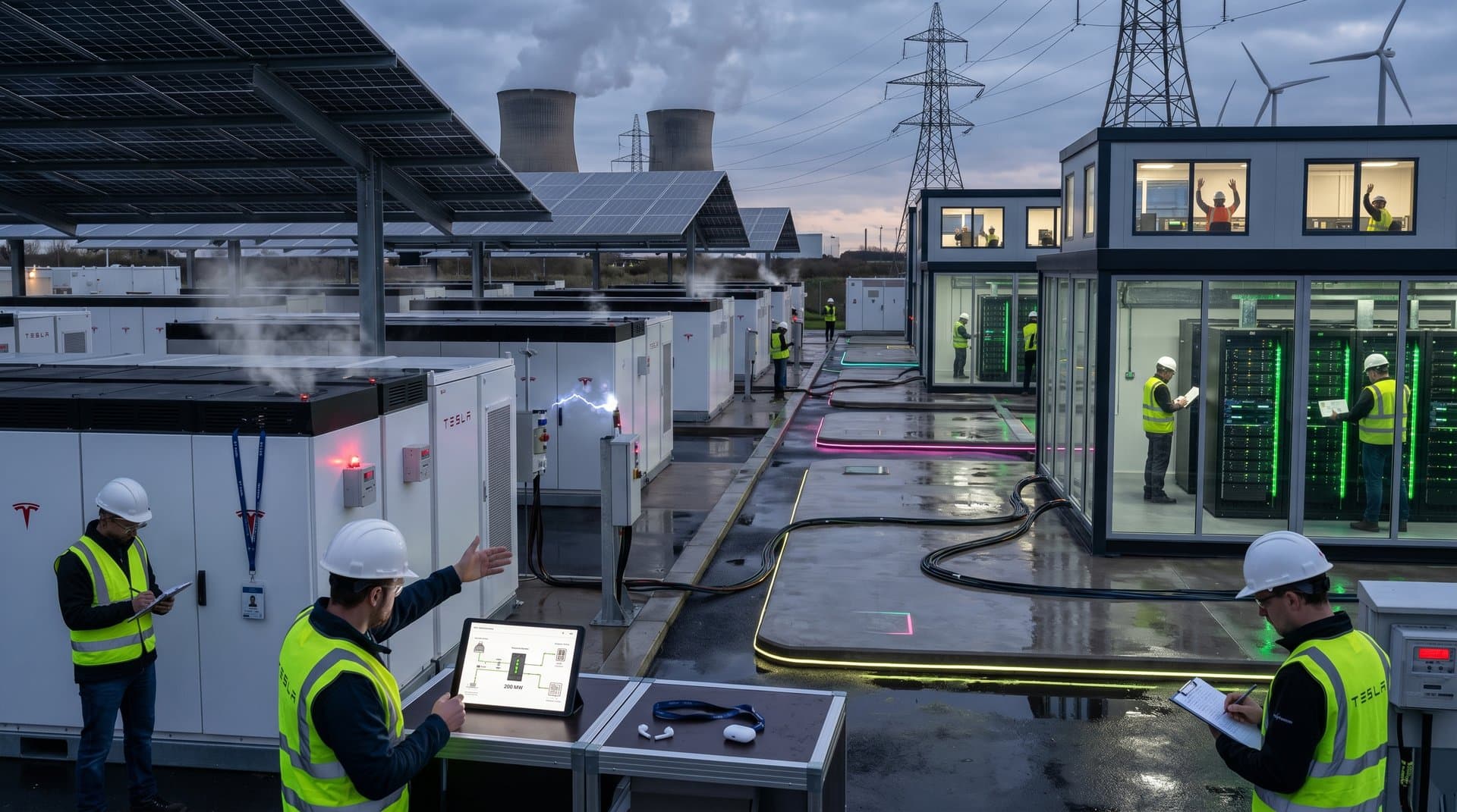 Data center with co-located BESS containers, glowing GPUs, and high-voltage grid connections at dusk