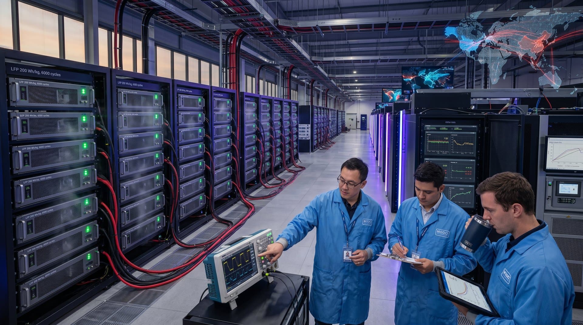 Technician inspects battery racks amid server cabinets and engineers monitoring power systems in a secure Tier IV data center