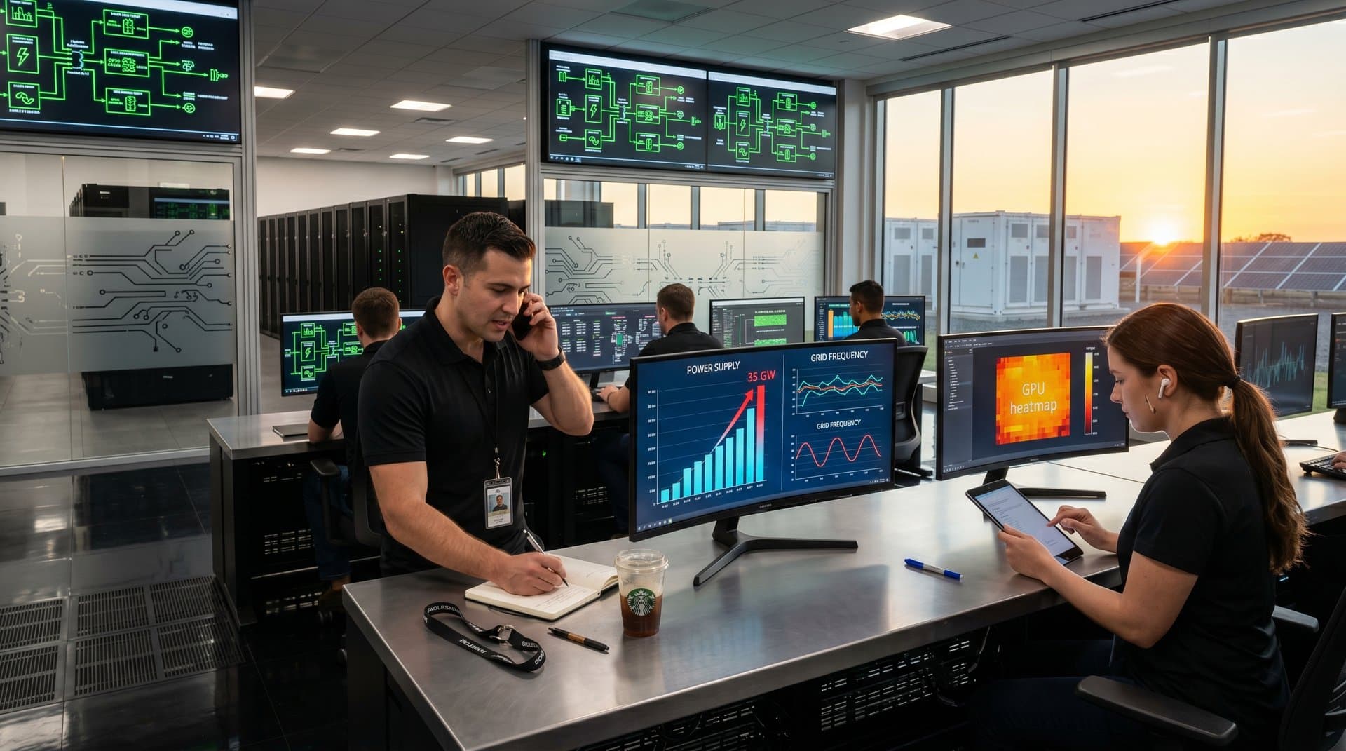 Data center control room monitors show AI power spikes, grid storage levels amid server racks and solar arrays